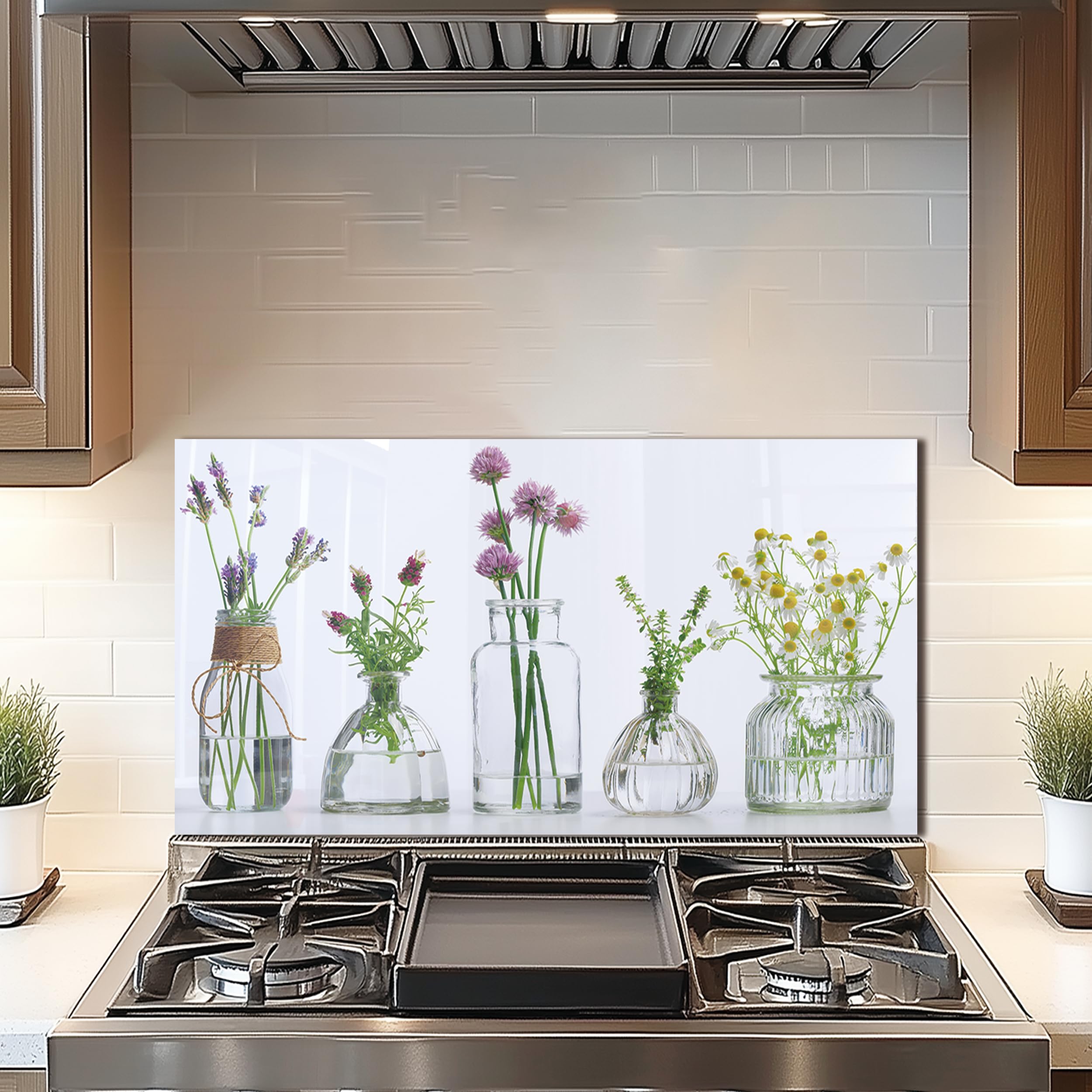 Tempered Glass Backsplash For Kitchen Behind Stove,Flower Bottle Stove Back Top Cover,Easy to Clean Glass Splashback, Sink Cover Splash Guard,Home