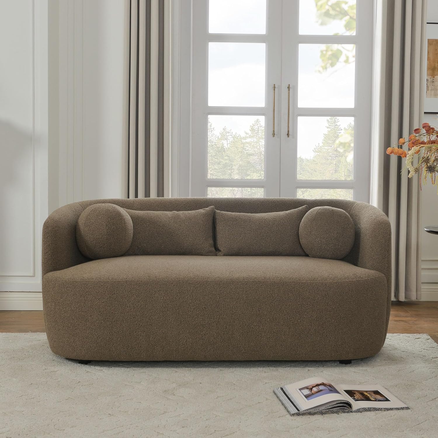 KINWELL 68-Inches Boucle Upholstered Loveseat 2 Deeper Seat Sherpa Sofa Couch with 4 Toss Pillows for Small Spaces Apartment Living Room, Teddy Brown