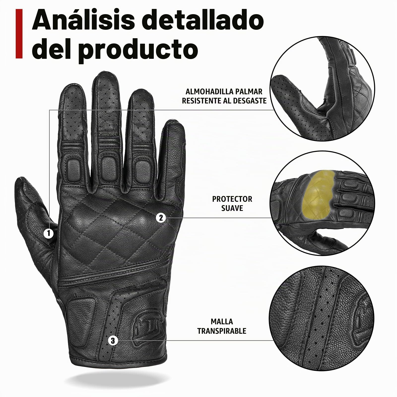 BORLENI Guantes de Moto de Cuero de Piel de Cabra con Pantalla Táctil con Protección de Nudillos de Dedo Completo para Hombre Transpirable para Verano Negro