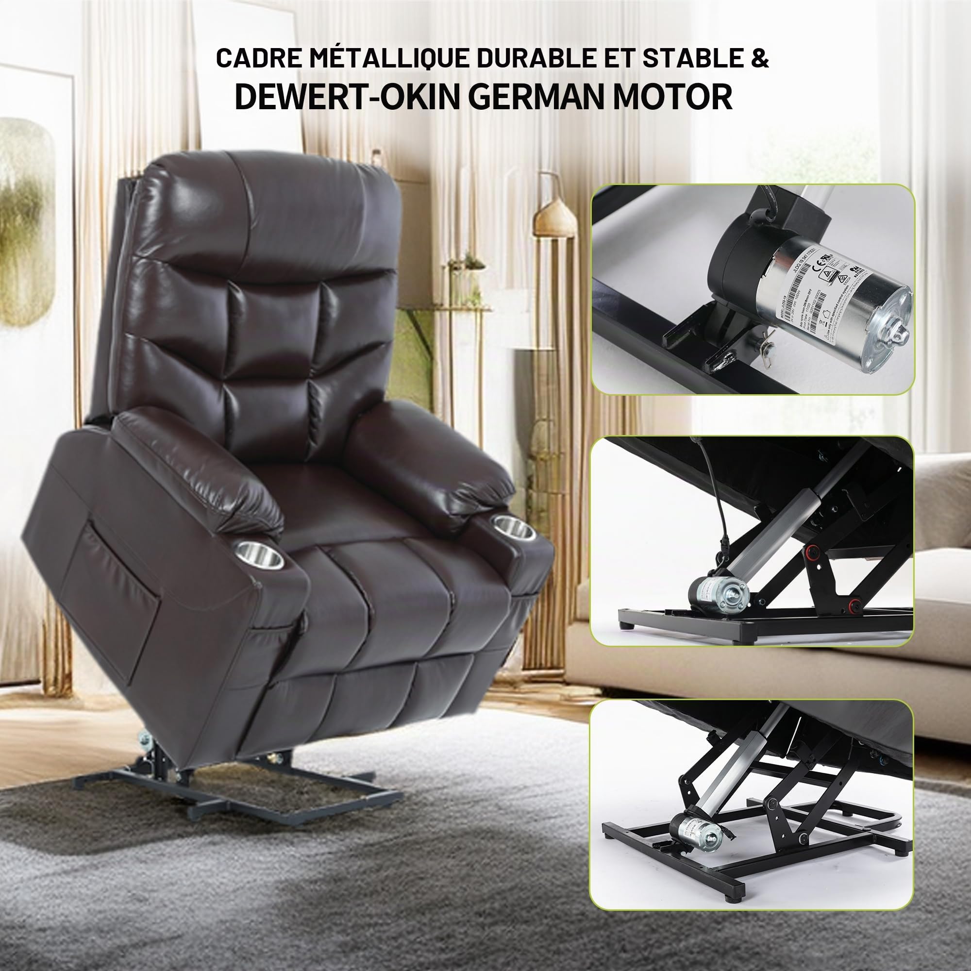 S*MAX Fauteuil Relax Electrique X Large PU Cuir Fauteuil électrique releveur pour Personnes âgées Fauteuil Relaxant pour Le Salon Poches latérales Port de Charge USB et télécommande Marron
