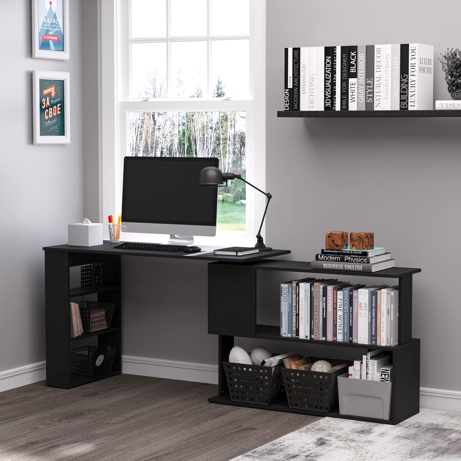 HOMCOM L Shaped Corner Desk, 360 Degree Rotating Home Office Desk with Storage Shelves, Writing Table Workstation, Black