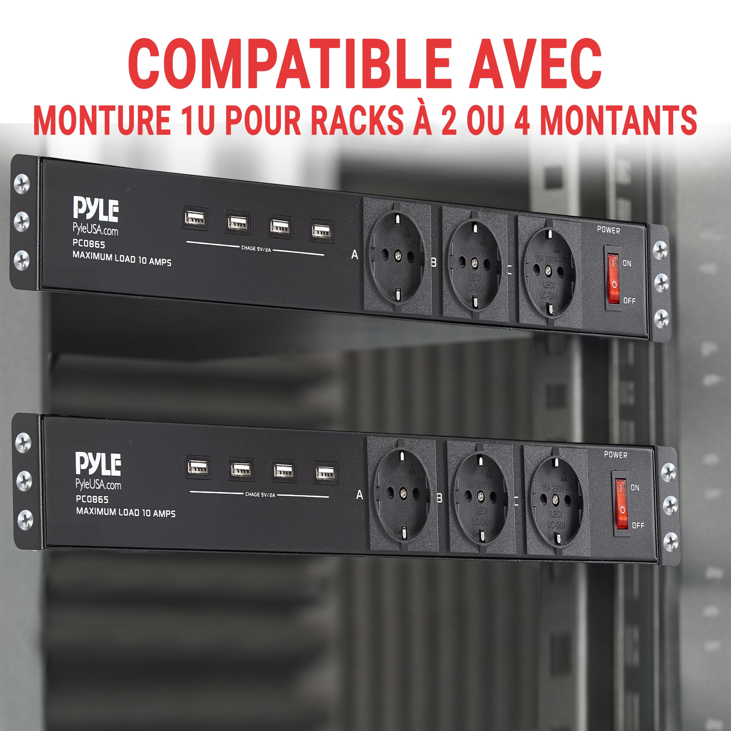Pyle Multiprise Rack 1U 12 Prises – PDU avec 3 Prises Frontales, 4 Ports USB 5V/2A, Disjoncteur 15A, Câble 4,5 m, Boîtier Métal, pour Serveurs, Studio & Installation