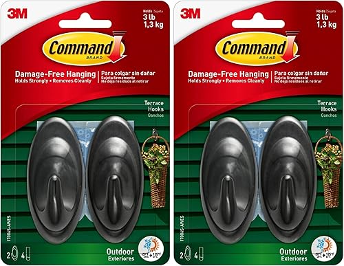 Command Ganchos de terraza medianos para exteriores, color negro, capacidad de 3 libras, tiras resistentes al agua, 2 ganchos, 4 tiras, decoran sin