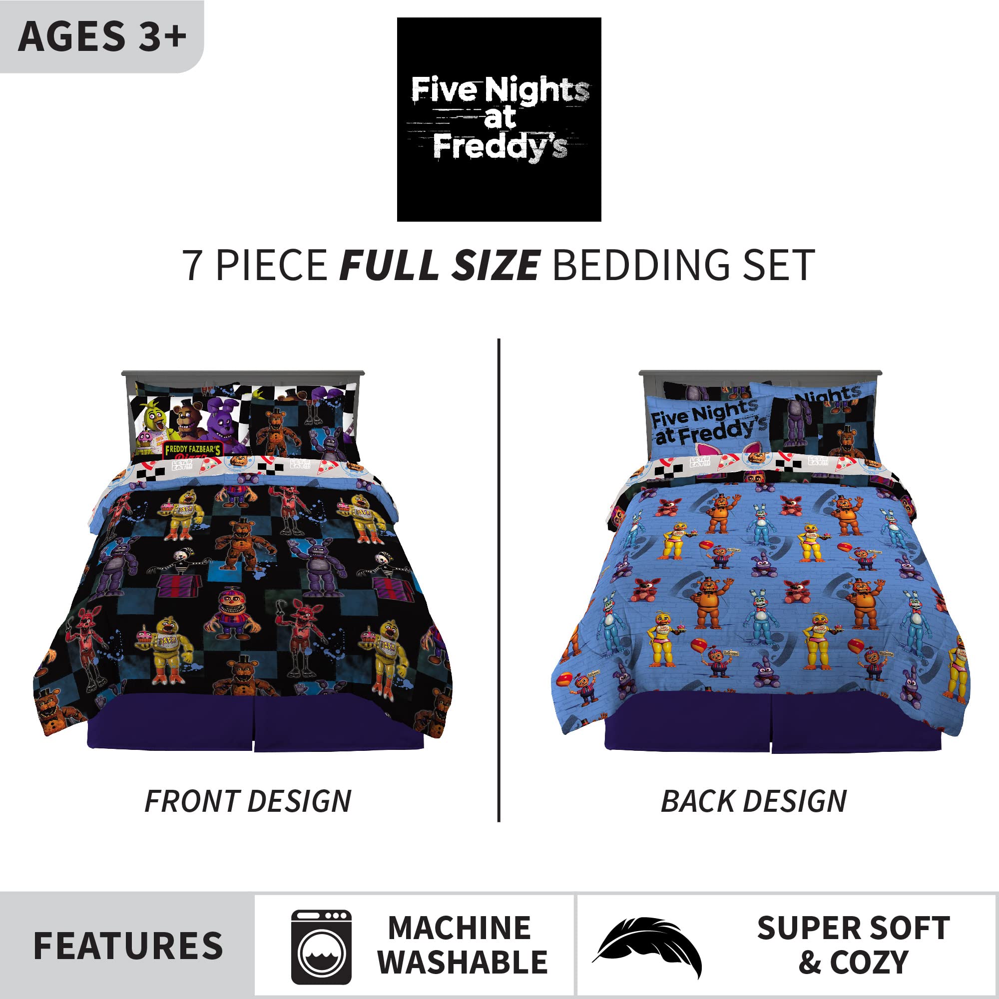 Franco Kids Bedding Super Soft Comforter and Sheet Set with Sham, 7 Piece Full Size, Five Nights At Freddy's