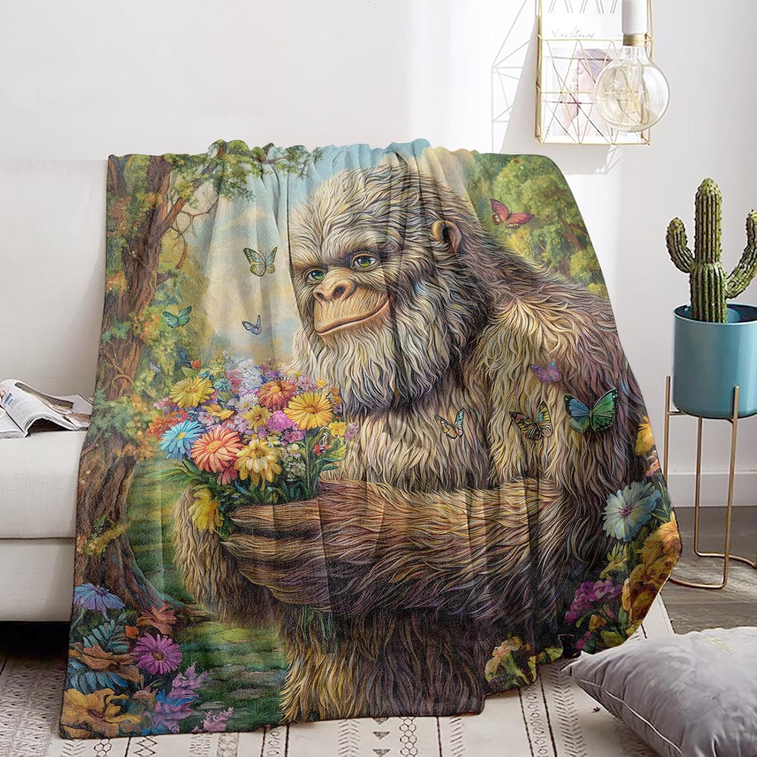 Whimsical Gorilla Blanket Soft Cozy Flannel Throw Blanket, Warm Yet Lightweight Colorful Flowers Blankets for Travel, Couch, Bed, for Adults Women Men Boys, Fuzzy Outdoor Comfort Wrap 60"×50"