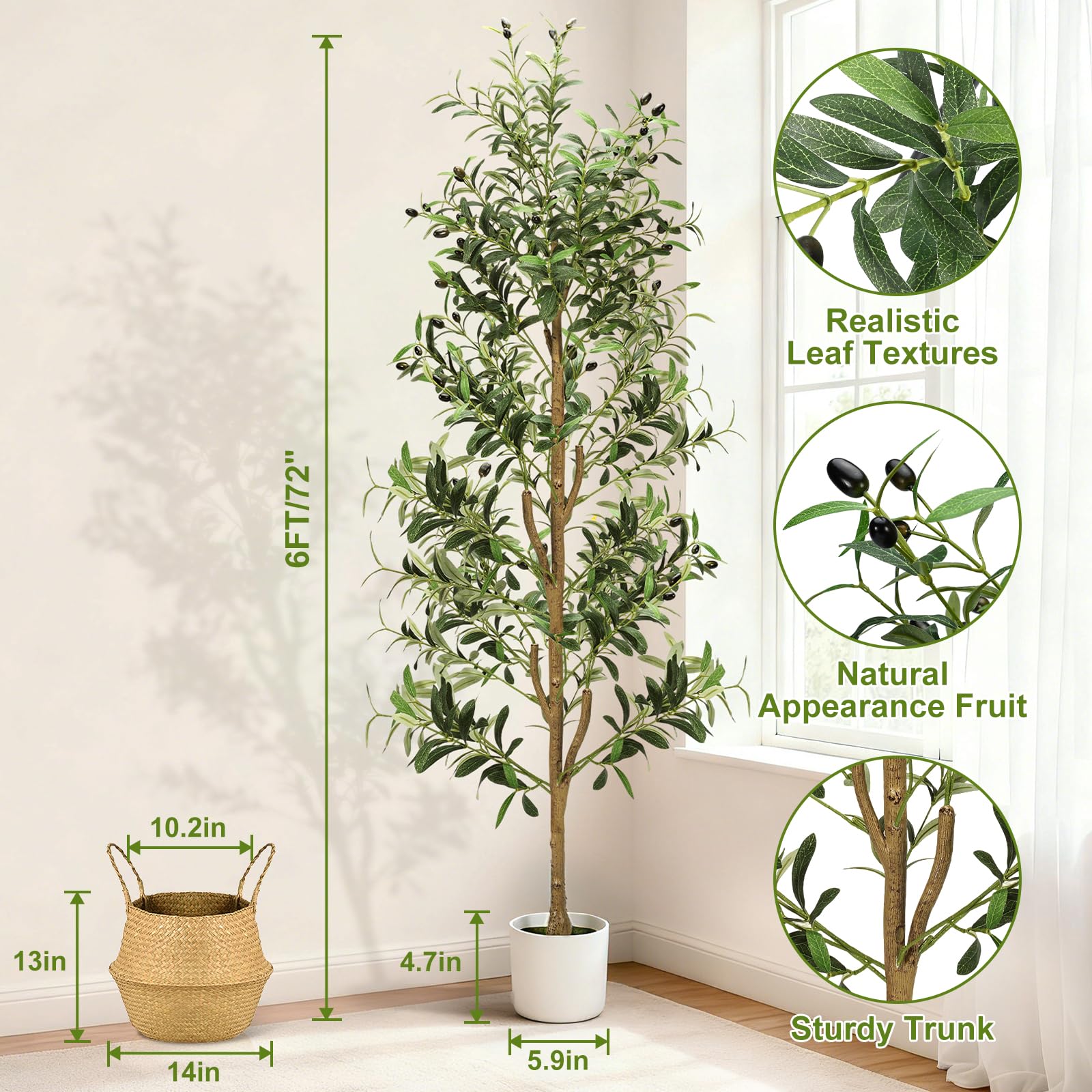 NZQXJXZ Albero di Olive Artificiale 180 cm con Luci, Pianta Artificiale da Interno con Vaso e Cesto, Piante Artificiali con Tronco Naturale e Frutti Realistici per Casa Ufficio