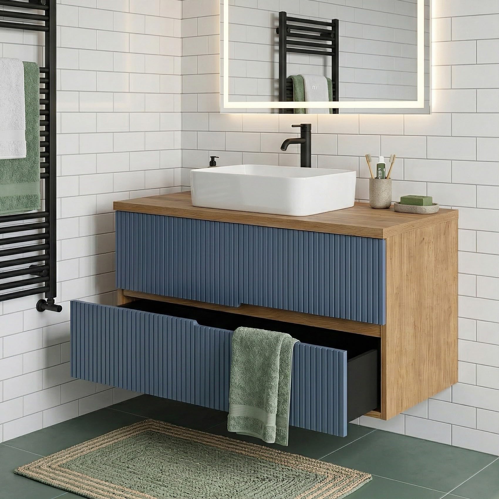 SANIVERRE EVA Meuble Vasque à Poser Suspendu L.100 cm Chêne Naturel 2 Tiroirs Bleu Mer Cannelé (sans Colonne) Salle de Bain