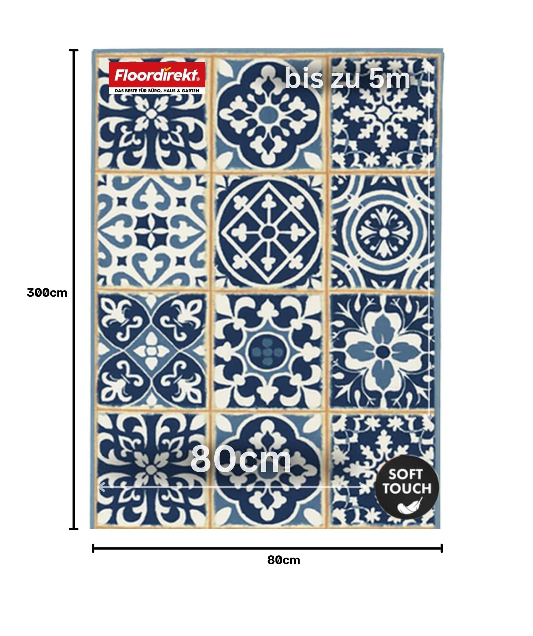 FLOORDIREKT Swansea - Tappeto runner per cucina, corridoio e soggiorno, con passanti sottili, antiscivolo e antistatico, blu, 80 x 300 cm