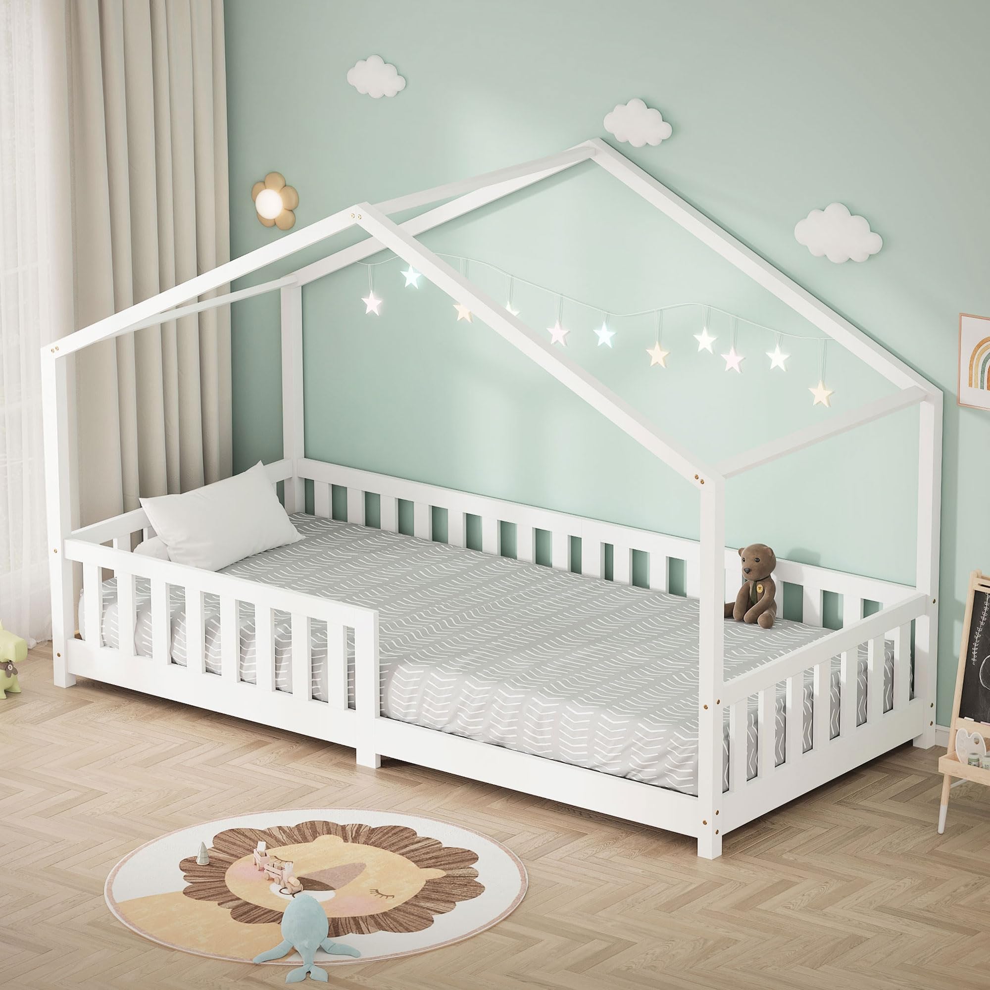 ML-​Design Letto a Casetta per Bambini 90x200 cm Bianco in Legno Massello di Pino con Sponda di Sicurezza Rete a Doghe e Tetto, Struttura Bassa a Capanna Montessori per Cameretta