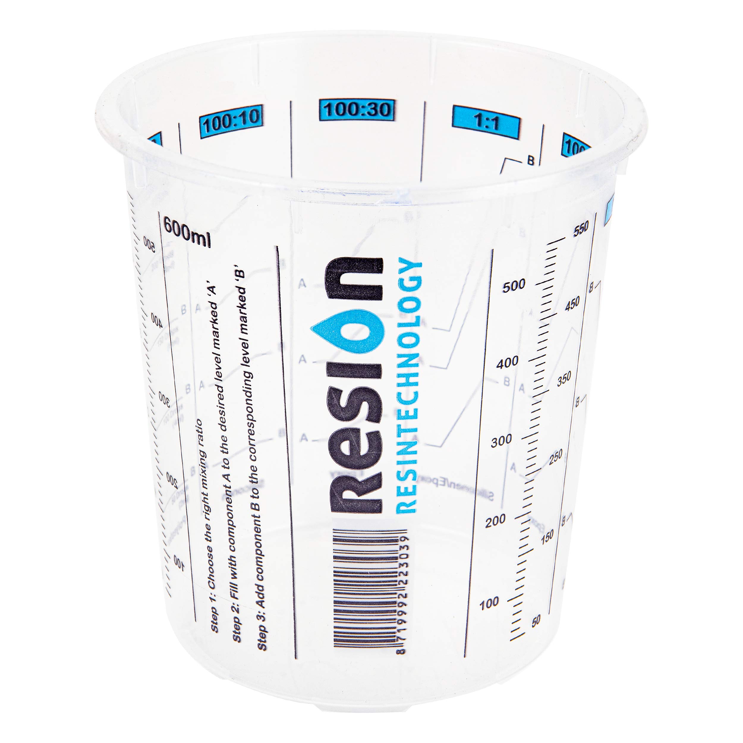 RESION 25 vasos mezcladores de pintura | 650 ml | color, epoxi, poliéster | con relación de mezcla clara en la taza medidora