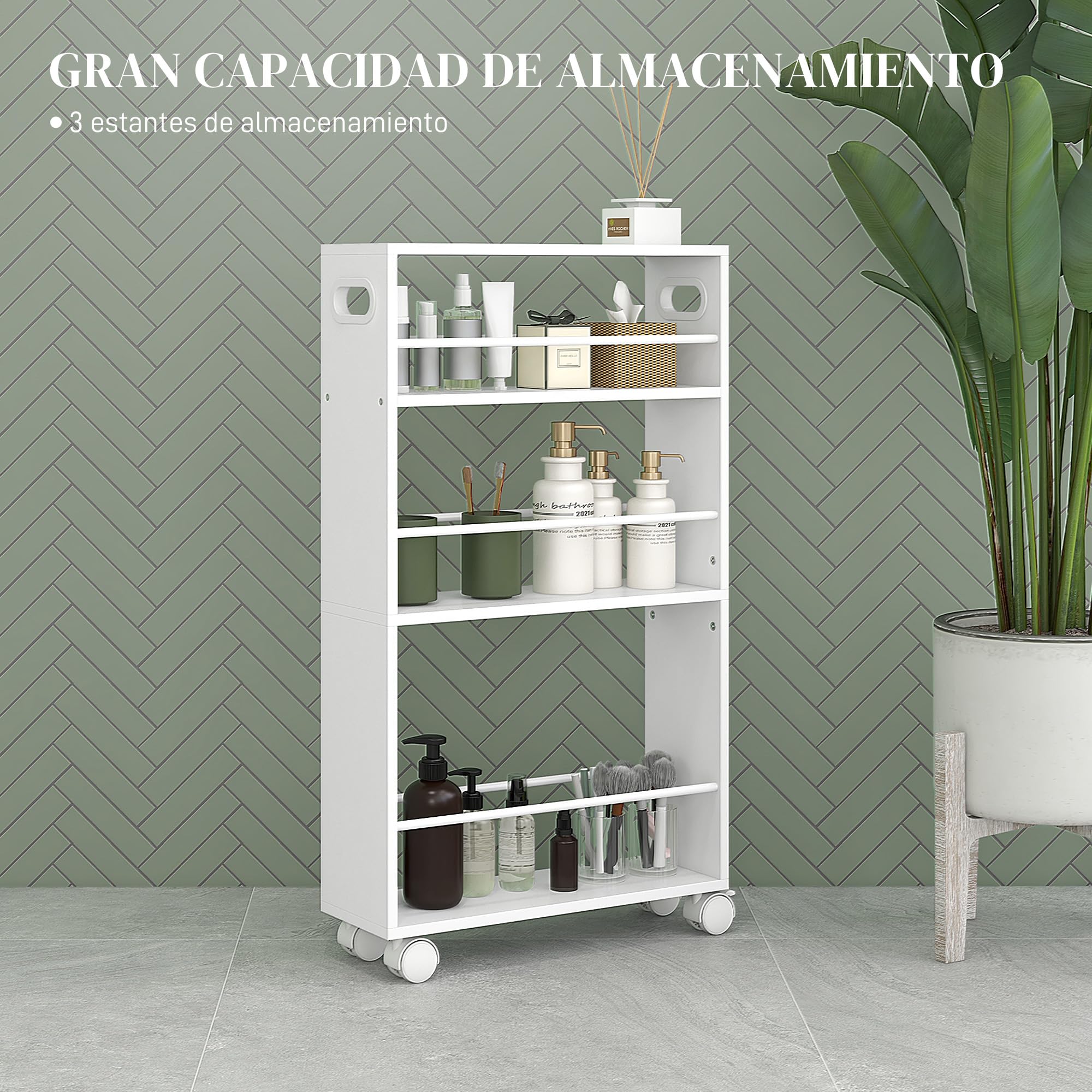 HOMCOM Carrito Auxiliar con Ruedas Carrito de Cocina 45x15x80 cm Blanco | Delgado de 3 Niveles, con Barandillas Laterales y Asas, para Comedor Sala Baño
