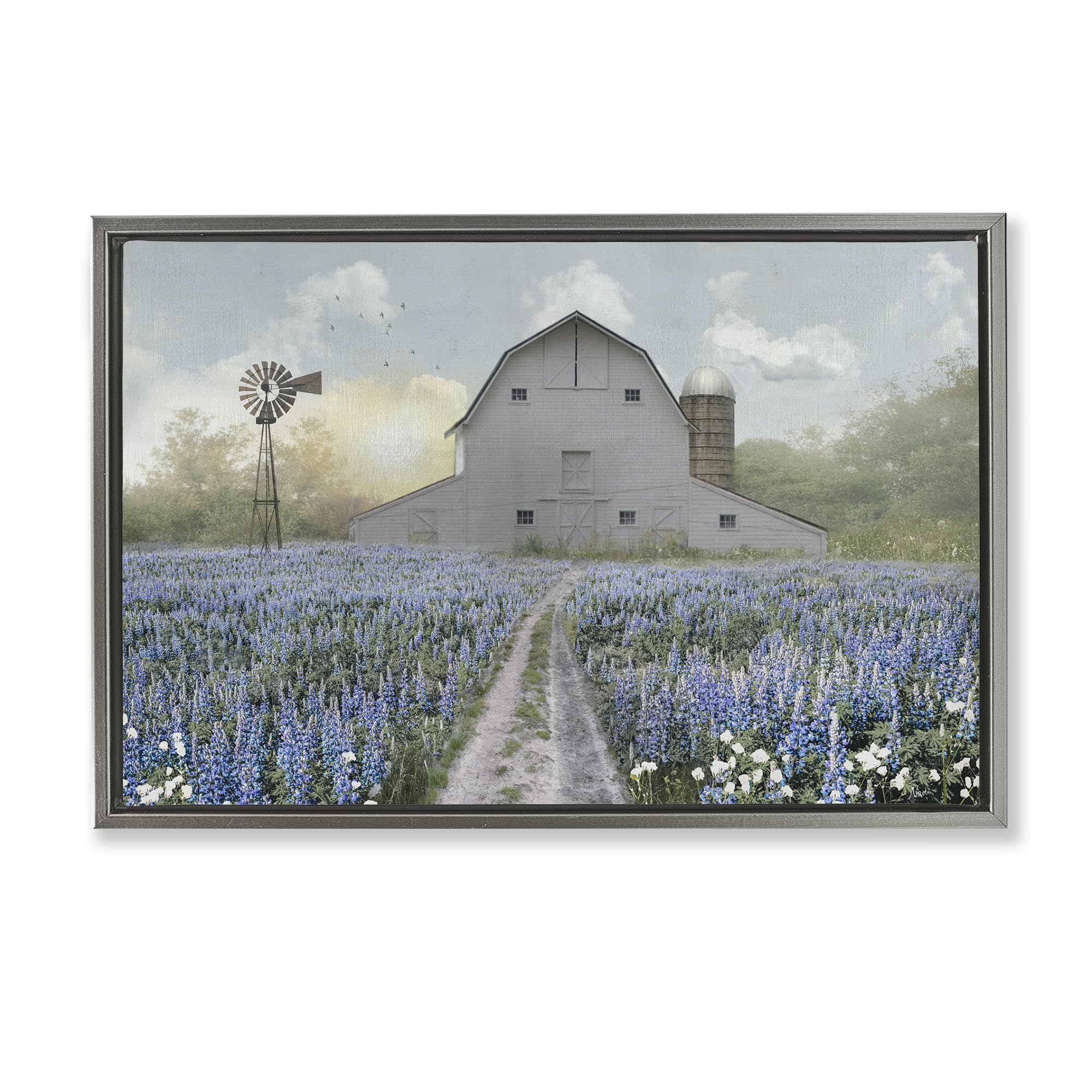 Stupell Industries Luster Gray (Matte) Blue Flowers Barn Meadow Landscape, 20 X 30 Inch Canvas In Floater Frame