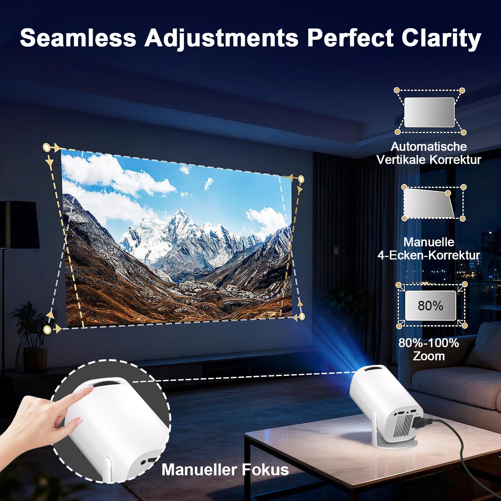 [Apps intégrées] Mini videoprojecteur 4K Full HD 1080p, videoprojecteur Portable avec WiFi 6 et Bluetooth 5.4,Retroprojecteur avec Auto Keystone Rotation 180°, Compatibile avec HDMI/TV Stick/Laptop