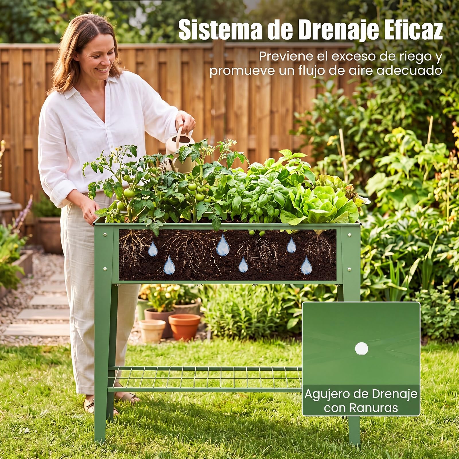 COSTWAY Huerto Urbano de Metal, Jardinera Elevada con Estanta de Almacenamiento de Malla, Agujero de Drenaje, Raised Garden Bed para Terraza Patio Jardín, 95 x 31 x 80 cm, Verde