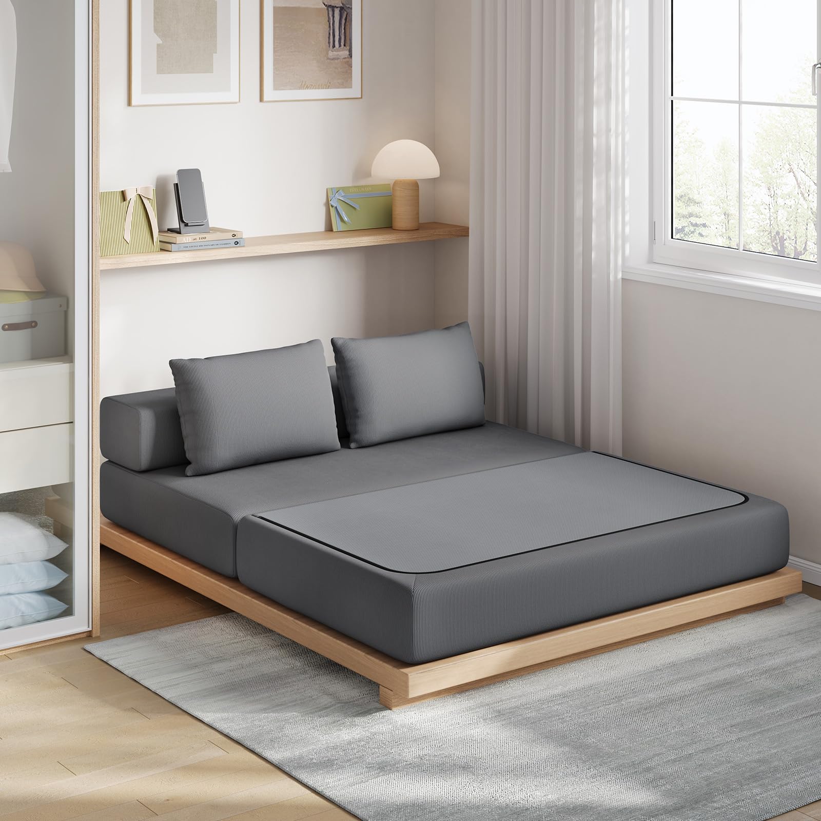 EUGAD Canapé Convertible 2 Places, Canapé Lit, Chauffeuse, Gris Foncé | Design Pliable, avec 2 Coussins, en Velours Côtelé, Mousse, pour Salon, Bureau, Appartement, 86P x 140l x 62H cm