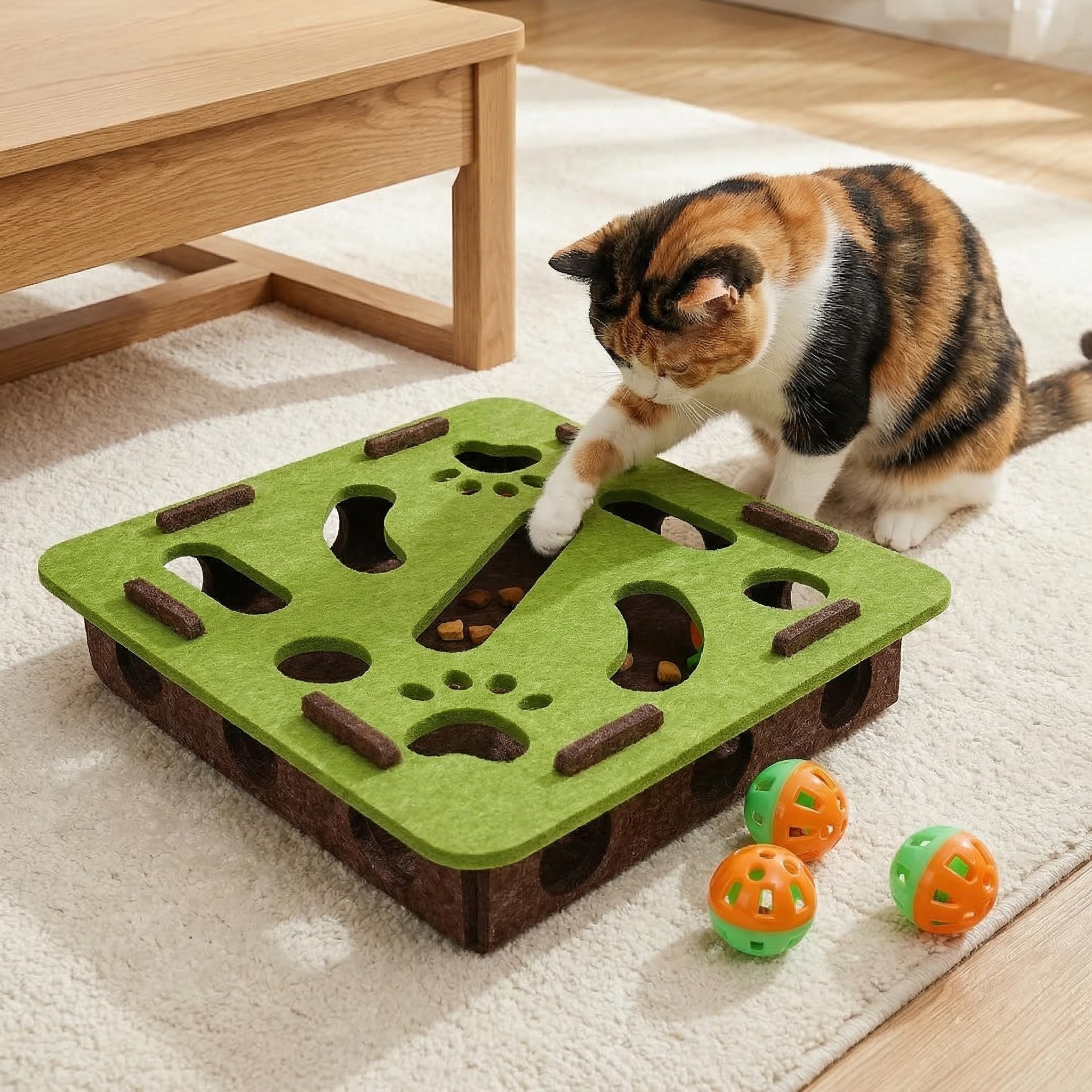Labyrinthe Jouet en Feutre pour Chat Vert/Marron - 30 x 30 x 7 cm avec 3 Boules Cloches Boîte à gratter Puzzle interactif en Feutre Fenêtre Interactive pour Chats et Chatons