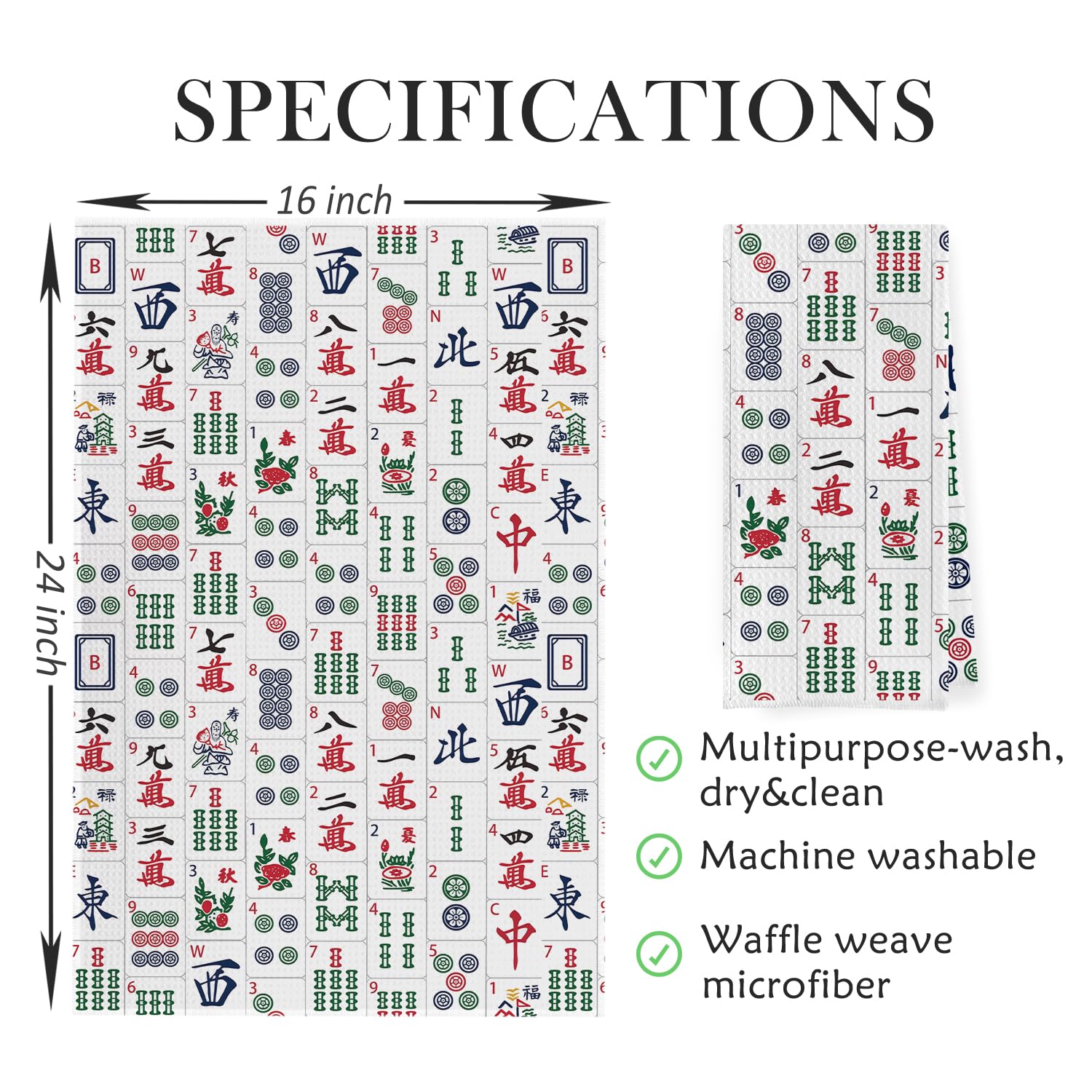 Mahjong Gifts Dish Towels - Mahjong Decorative Waffle Weave Kitchen Towels, Hand Tea Towel for Kitchen Bathroom (16×24 Inches)