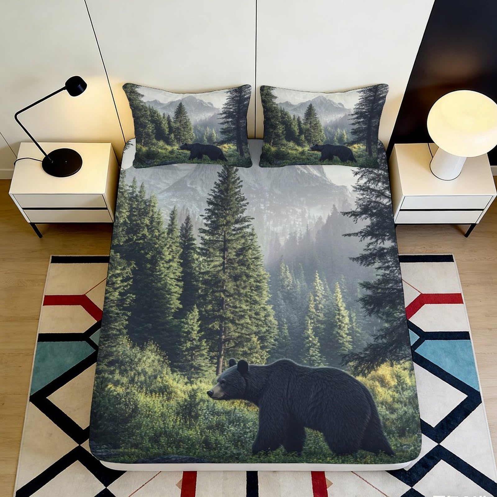 3D Printed Forest Landscape Fitted Sheet Microfiber Soft Bear Mountain Mattress Cover for Bedroom Guest Room Decor 90x200x25cm