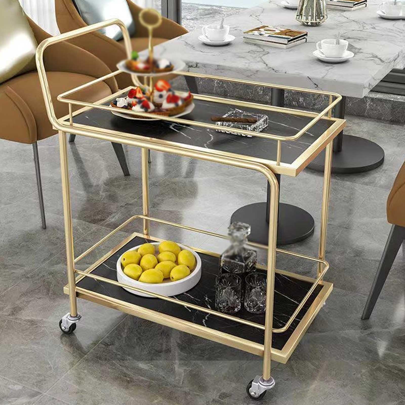 Chariot de cuisine moderne à roulettes à 2 étages pour boissons et vin Table polyvalente pour cuisine, salle à manger et salon D & Noir H