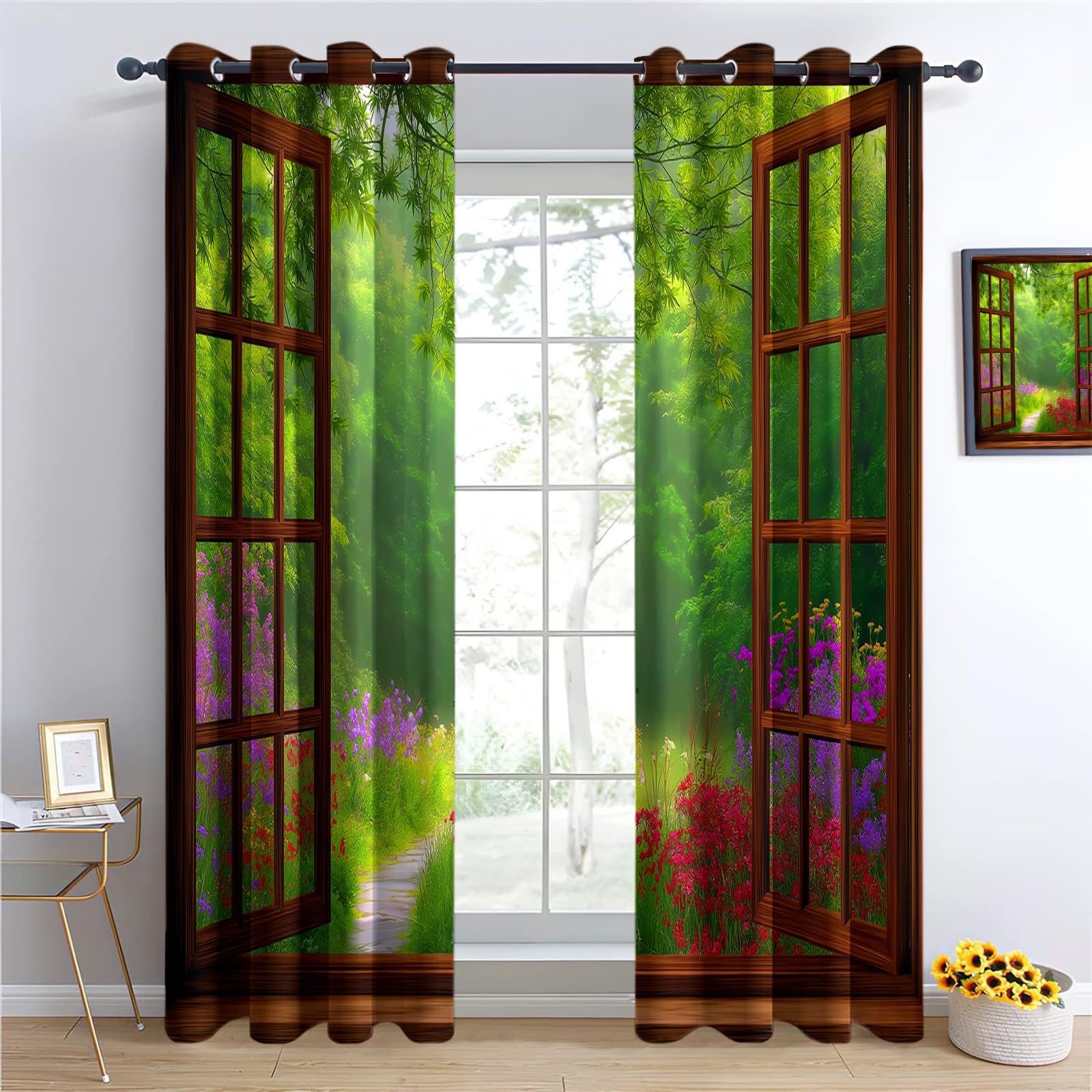 Genérico Bosque Verde Flores Cortinas Opacas térmicas Que bloquean la luz, Parete Artistica Cortinas Opacas con Ojales para Dormitorio y Sala de Estar 140 x 260 cm (2 Paneles)