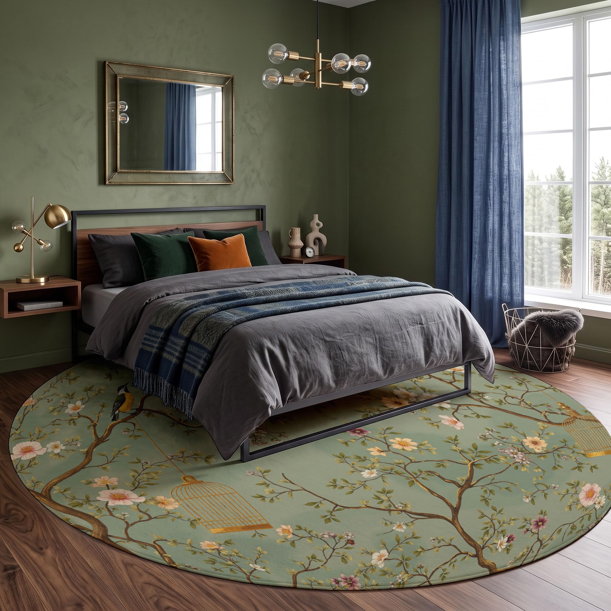 Tappeto Rotondo Stile retrò cinese per Camera da Letto | Tappeto Circolare Uccelli e gabbie per fiori Lavabile per Pelo Corto, Antiscivolo, Morbido, Soggiorno, Camera da Letto 120cm