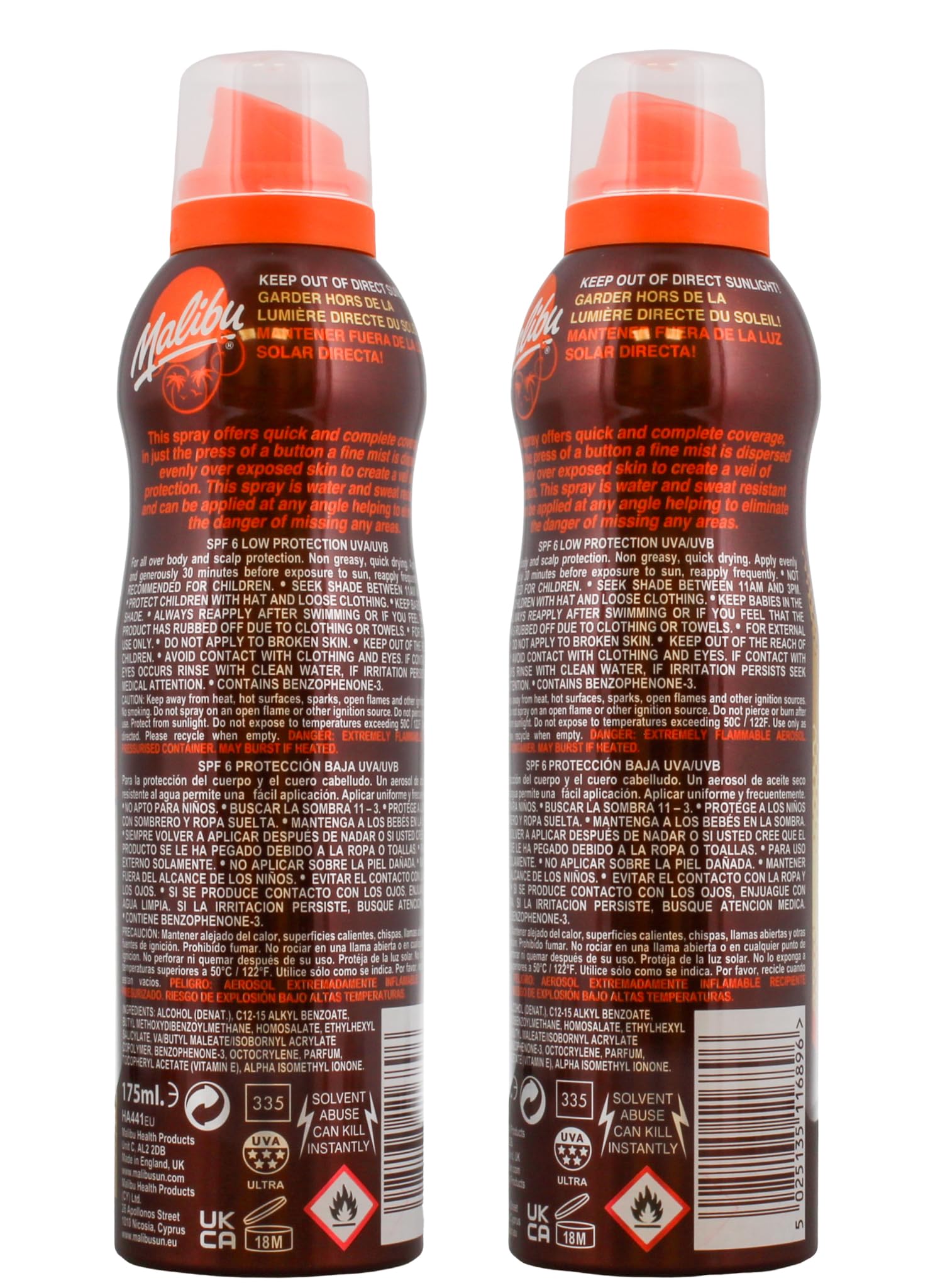 Malibu Niska ochrona przed słońcem, wodoodporna, ciągły suchy olej w sprayu, LSF 6 z ekstraktem z masła shea, 175 ml
