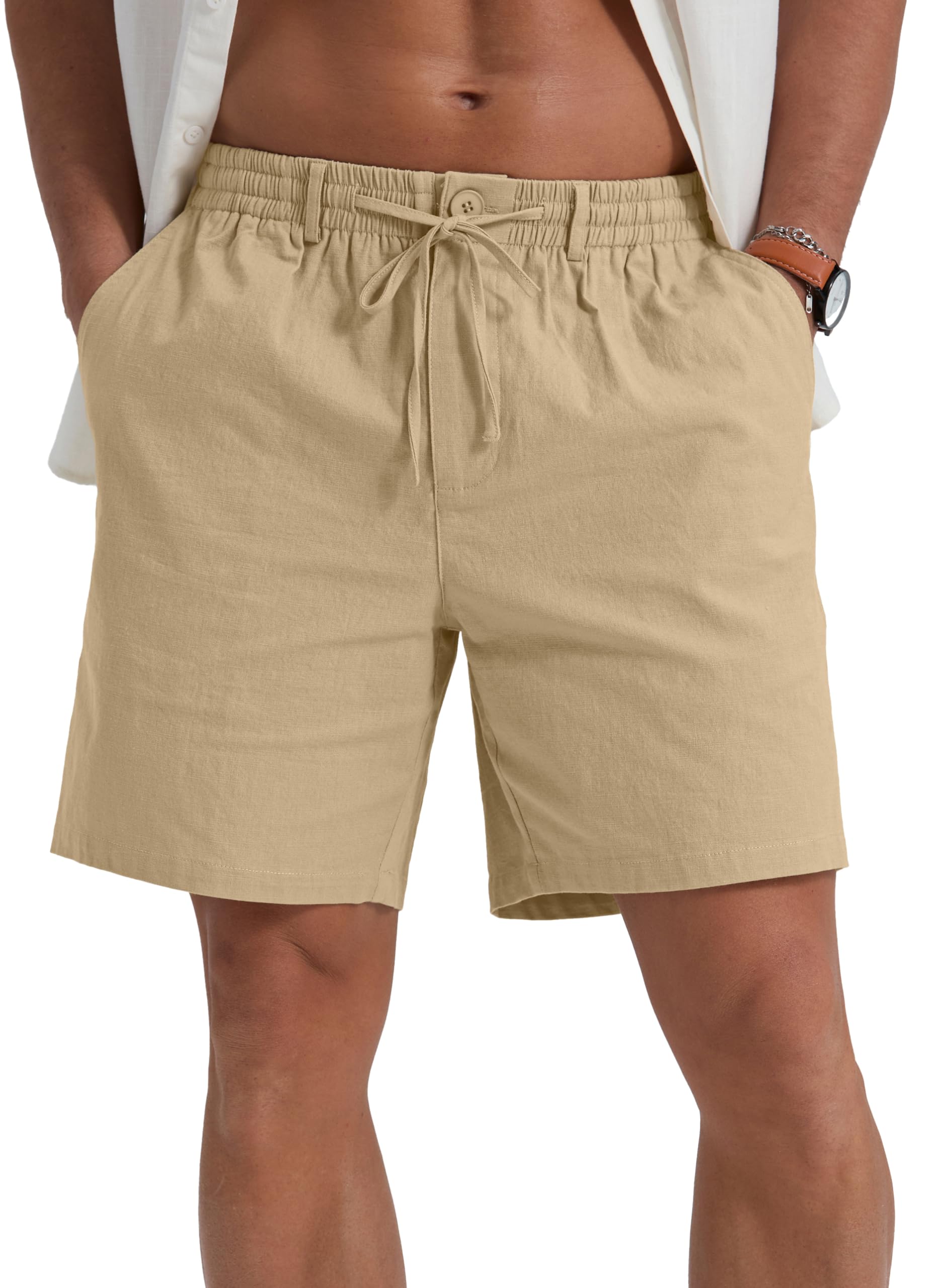 Sailwind Men's Linen Shorts 7" Casual Elastic Waist Drawstring Summer Beach Shorts