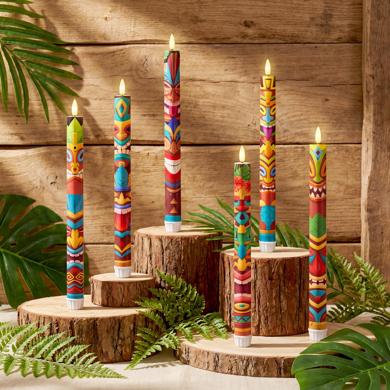 Aurelema 6 Pcs Tribal Tiki Flameless Candles Hawaiian LED Flameless Candle Set Battery Operated Taper Flickering Candles Luau Celebration with Remote for Summer Holiday Tiki Bar Party Table Decor Gift