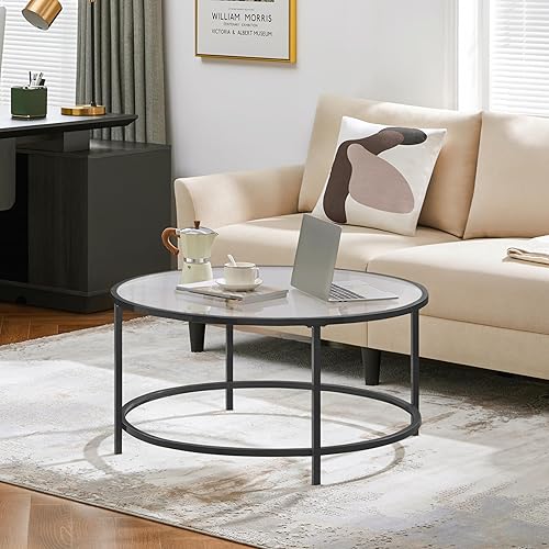 Miniatura 20 de Yaheetech Mesa de centro de cristal dorado para sala de estar, mesa de centro redonda de vidrio de 36 pulgadas con marco de metal, mesa de centro