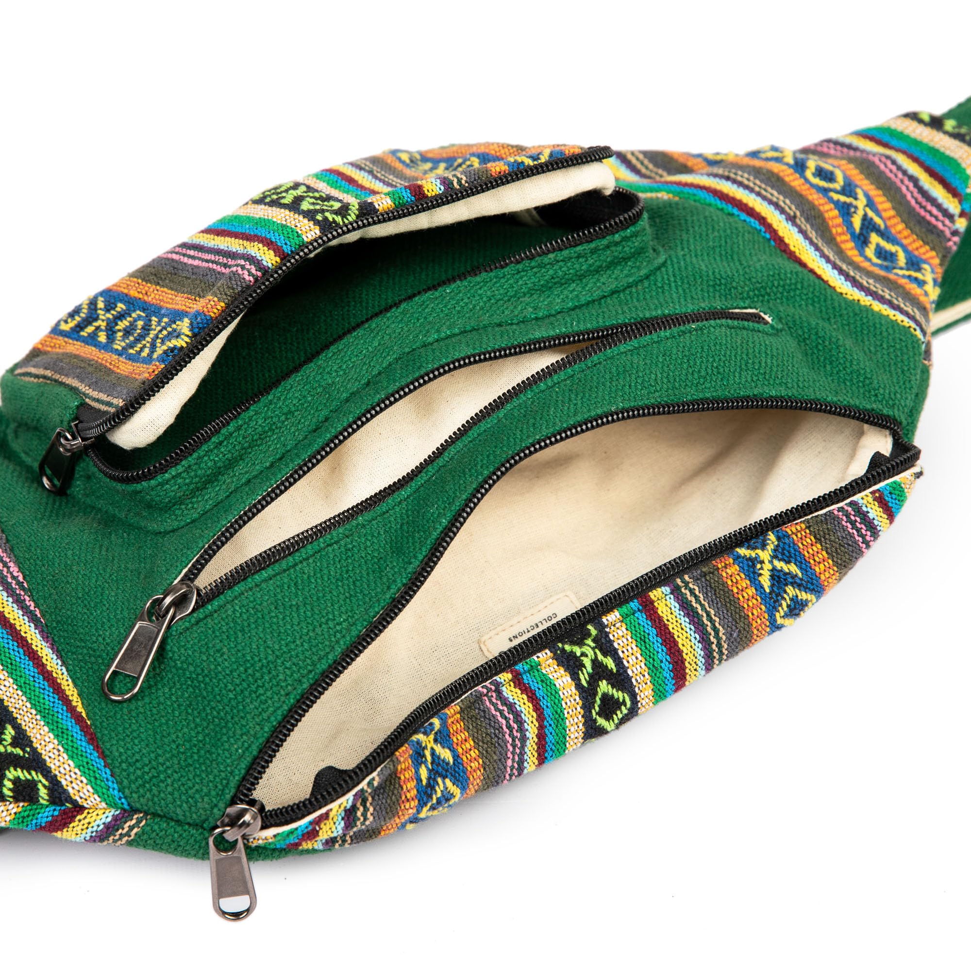 Freakmandu Umweltfreundliche Bauchtasche im Boho-Hippie-Stil, Hanftasche, zum Wandern, Laufen, Joggen, Weiß, Grün mix, Adjustable Size, Hüfttaschen