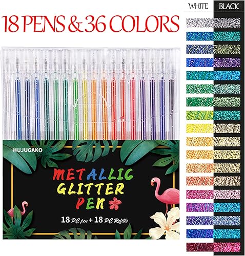Miniatura 5 de HUJUGAKO Bolígrafos de gel con purpurina, paquete de 36 bolígrafos metálicos brillantes para colorear con funda, 18 bolígrafos de colores con 18