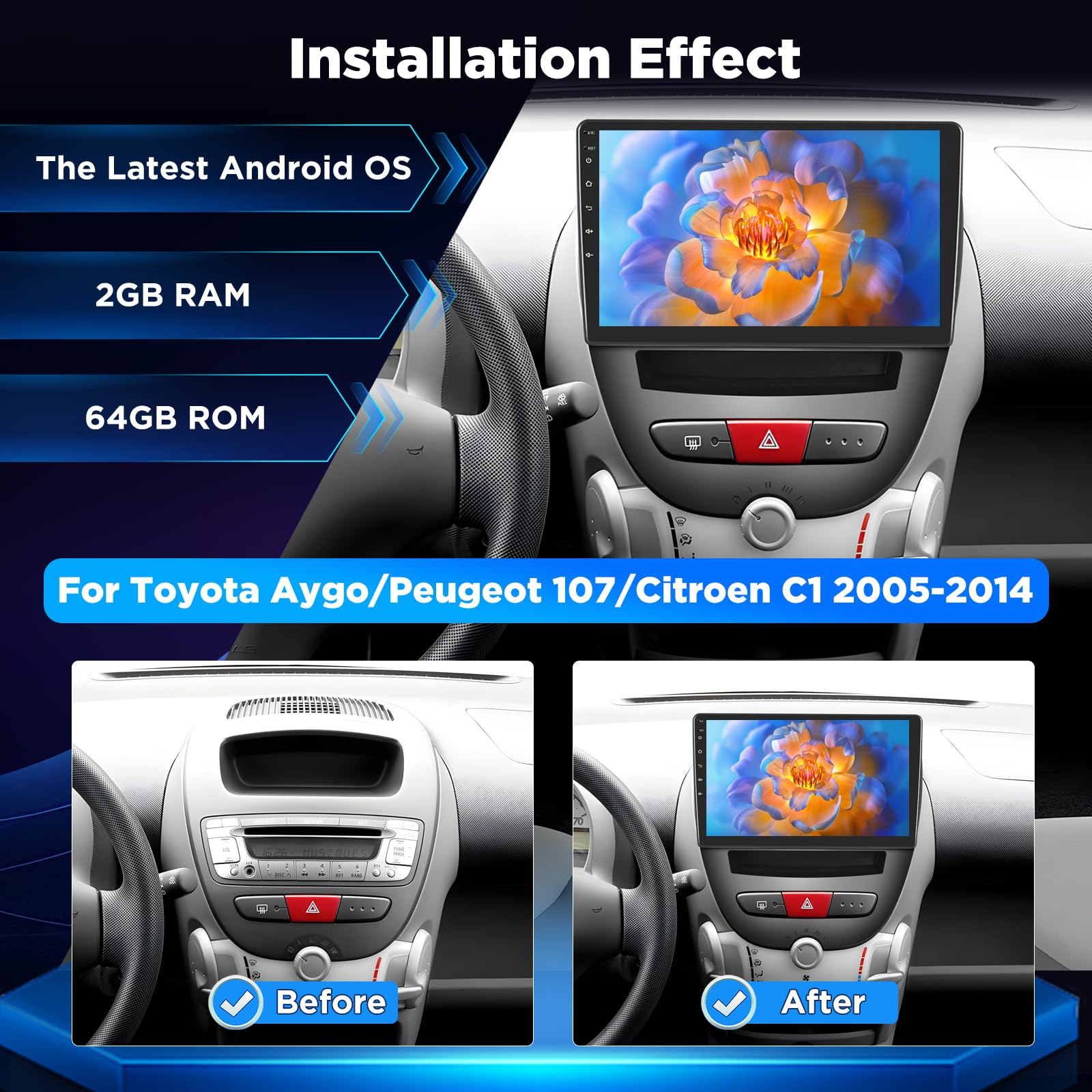Autoradio Android per Toyota Aygo/Peugeot 107 / Citroen C1 2005–2014, Schermo Touch da 10 Pollici, CarPlay & Android Auto Wireless, GPS, WiFi, DSP, Bluetooth, FM RDS, Supporto Telecamera AHD/OBD/DAB