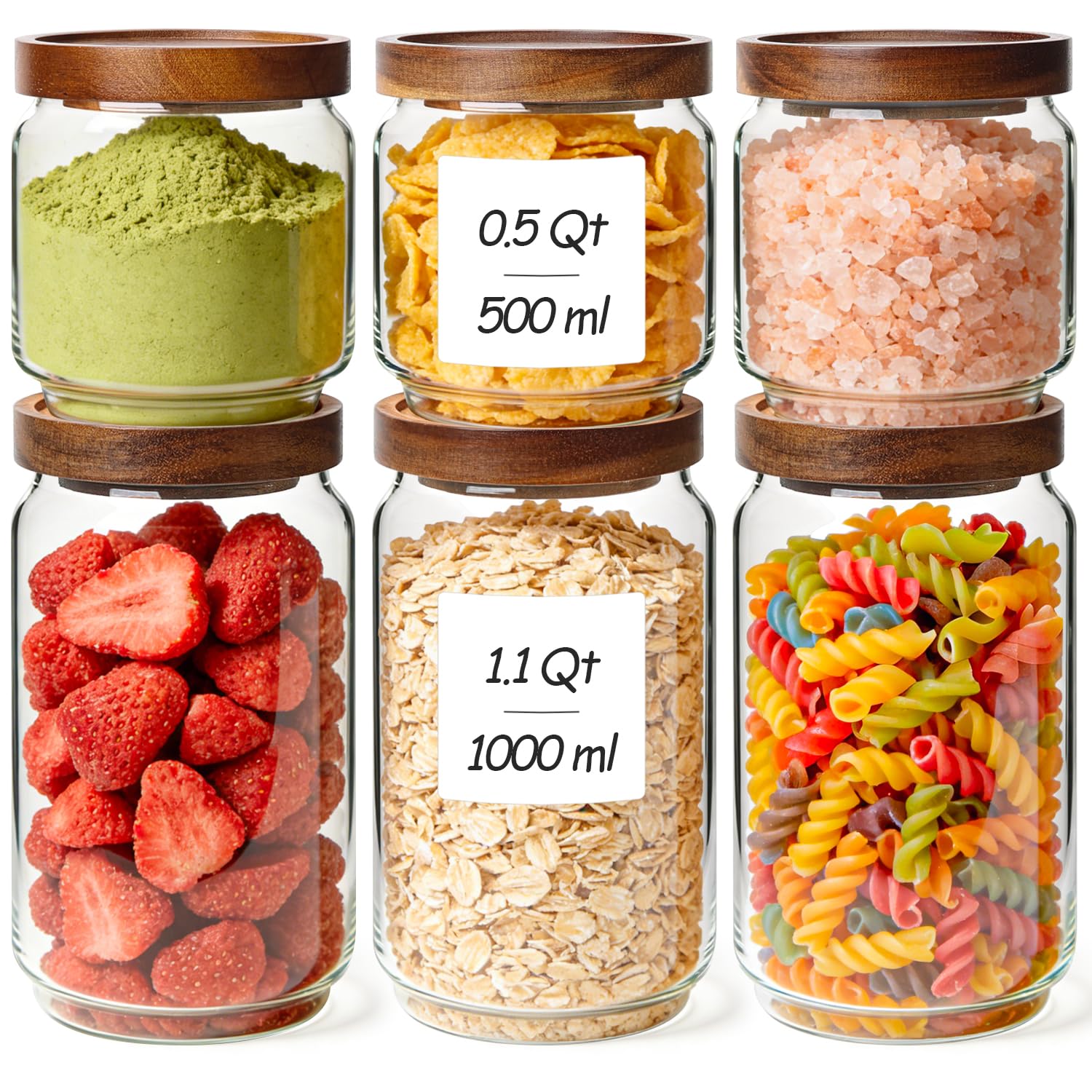 ComSaf Set di 6 contenitori ermetici in vetro con coperchi (0,48 Qt/0,88 Qt), contenitori per alimenti da cucina, dispensa, barattoli di vetro per farina, cereali, zucchero, tè, chicchi di caffè