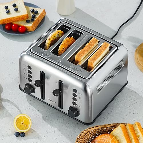Miniatura 9 de BUYDEEM DT640 Retro 4 Slice Toaster, 7 Shade Settings, Extra Wide 1.5'' Slots, Stainless Steel Toaster with Bagel Muffin Defrost Reheat Function,
