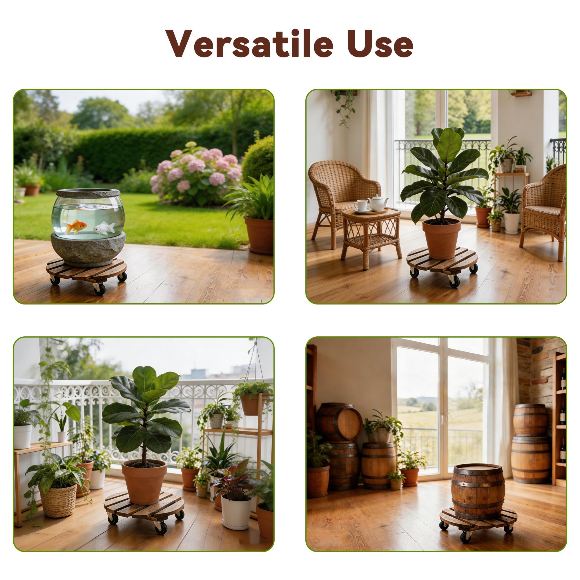 Bois Porte Plante à Roulettes Rondes Chariot Ø 30cm Capacité Charge 120 kg Roues 4 Blocages