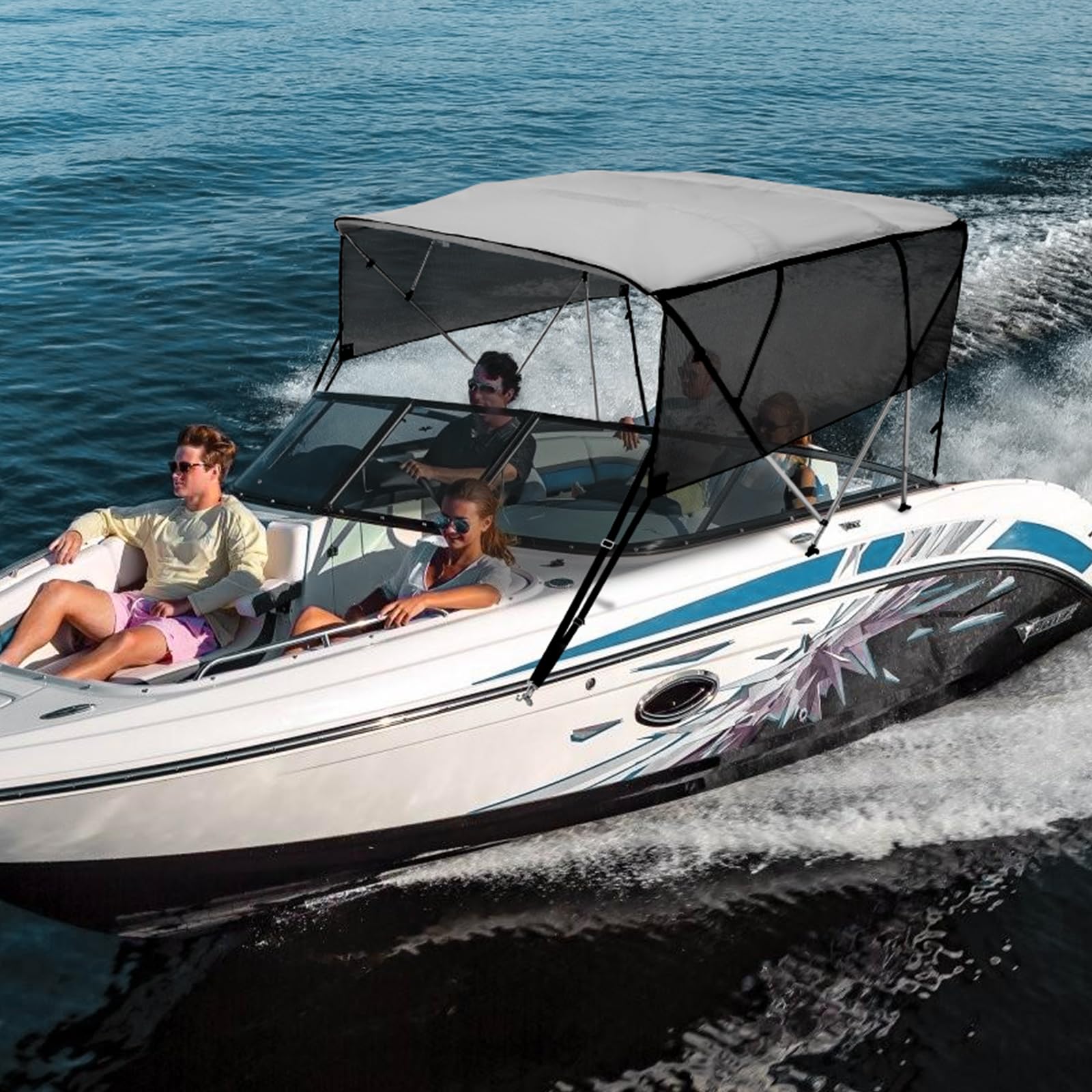 VEVOR Bimini - Lona para Barco de 4 Arcos, Ancho de instalación: 231 a 244 cm, poliéster 600D, con Paredes Laterales de Malla extraíbles, Impermeable y protección Solar, con Caja de