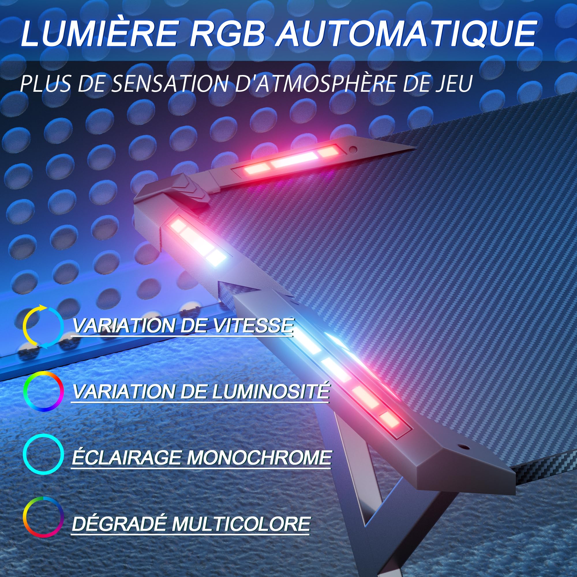 Bureau Gaming LED 120 x 60 cm, Bureau Informatique Ergonomique avec Porte-gobelet et Crochet pour Casque, Plateau en Fibre de Carbone, Table Gaming Noire