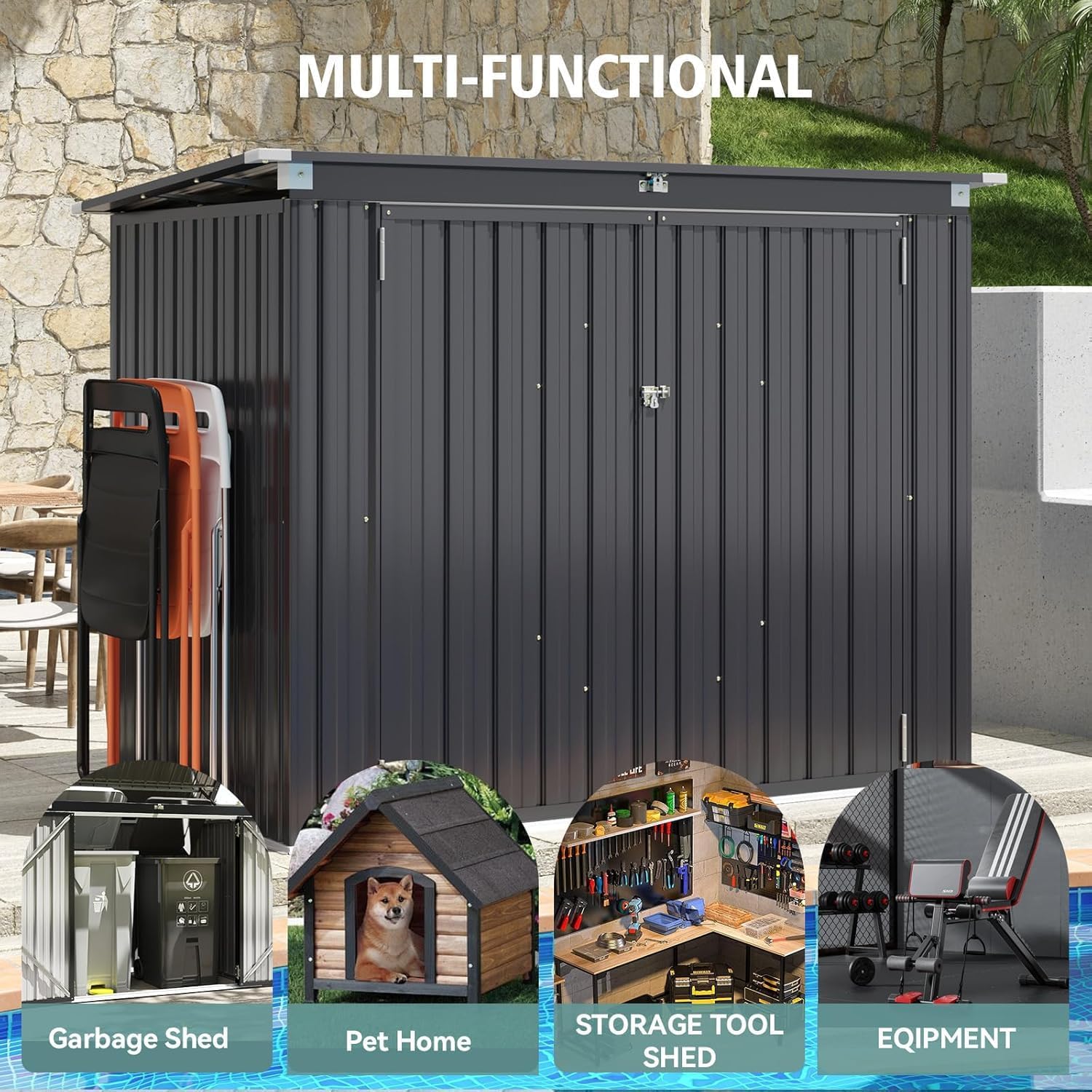 Outdoor Trash Can Shed with Pneumatic Support Rod, 5x3 Ft Outdoor Storage Shed w/Lockable Doors & Waterproof Lid Chain, for Patio/Garden/Backyard