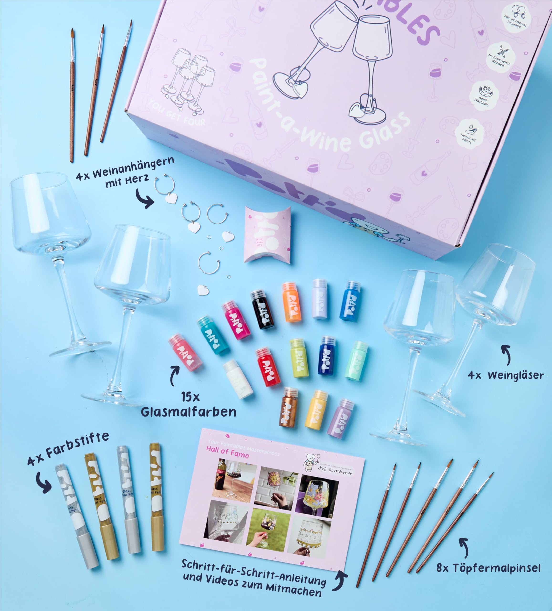 Pott’d Paintables Weingläser zum Bemalen - DIY Gläser-Bemalen-Set für Erwachsene mit Weingläsern, Emaillefarben, Pinseln, Stiften und Anhängern - Bastelset für Anfänger