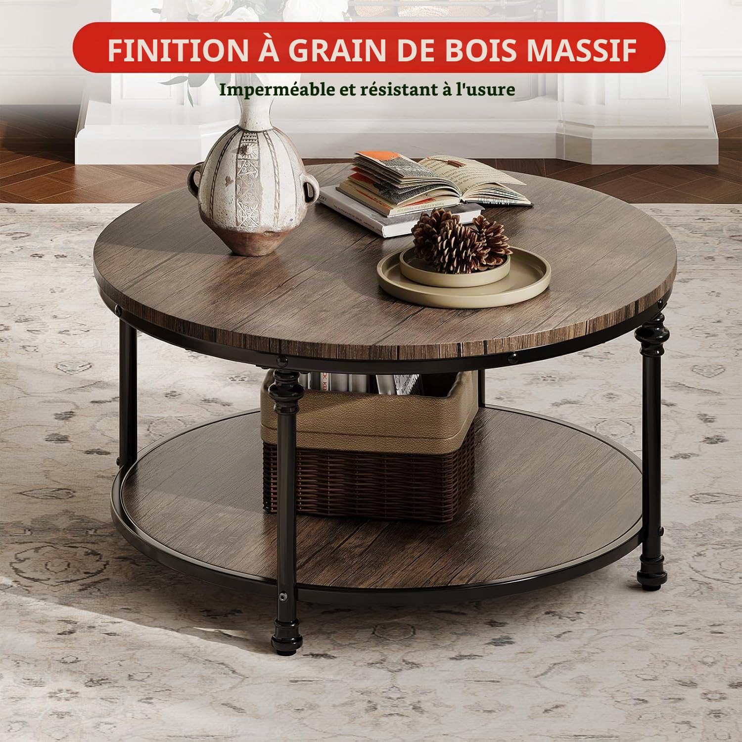 Grande Table Basse Ronde en Bois Massif, Table de Salon Vintage Rétro en 2 Niveaux,End Table,Table d'Appoint avec 4 Pieds en Colonne pour Salon, Séjour,Bureau - 72x72x48cm (Brun Clair)