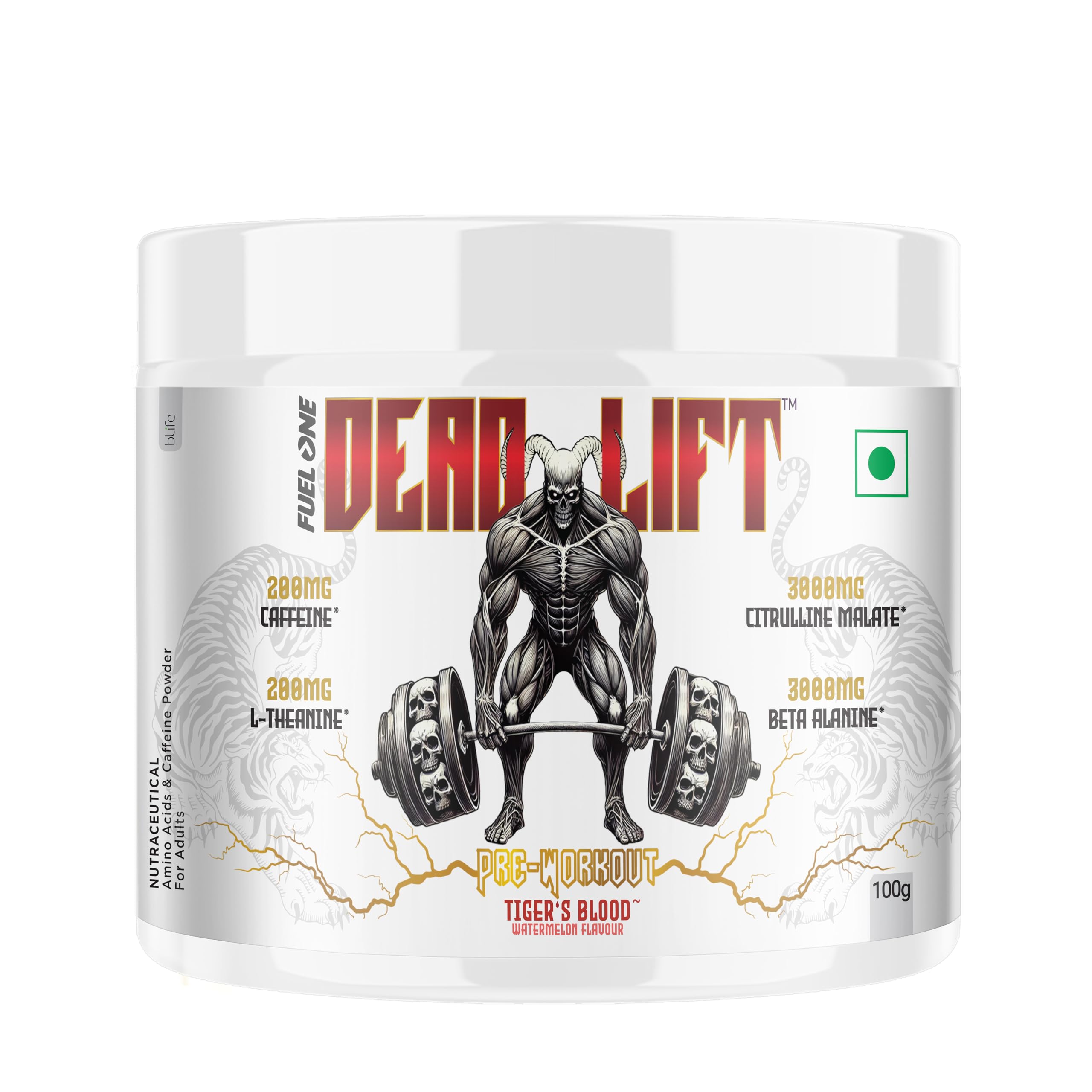 FUELONE Dead-Lift Pre Workout, Tiger's Blood (Watermelon, 100g, 13 Servings) | 200mg Caffeine, 200mg L-Theanine, 3000mg Beta Alanine, 3000mg Citrulline-image-3