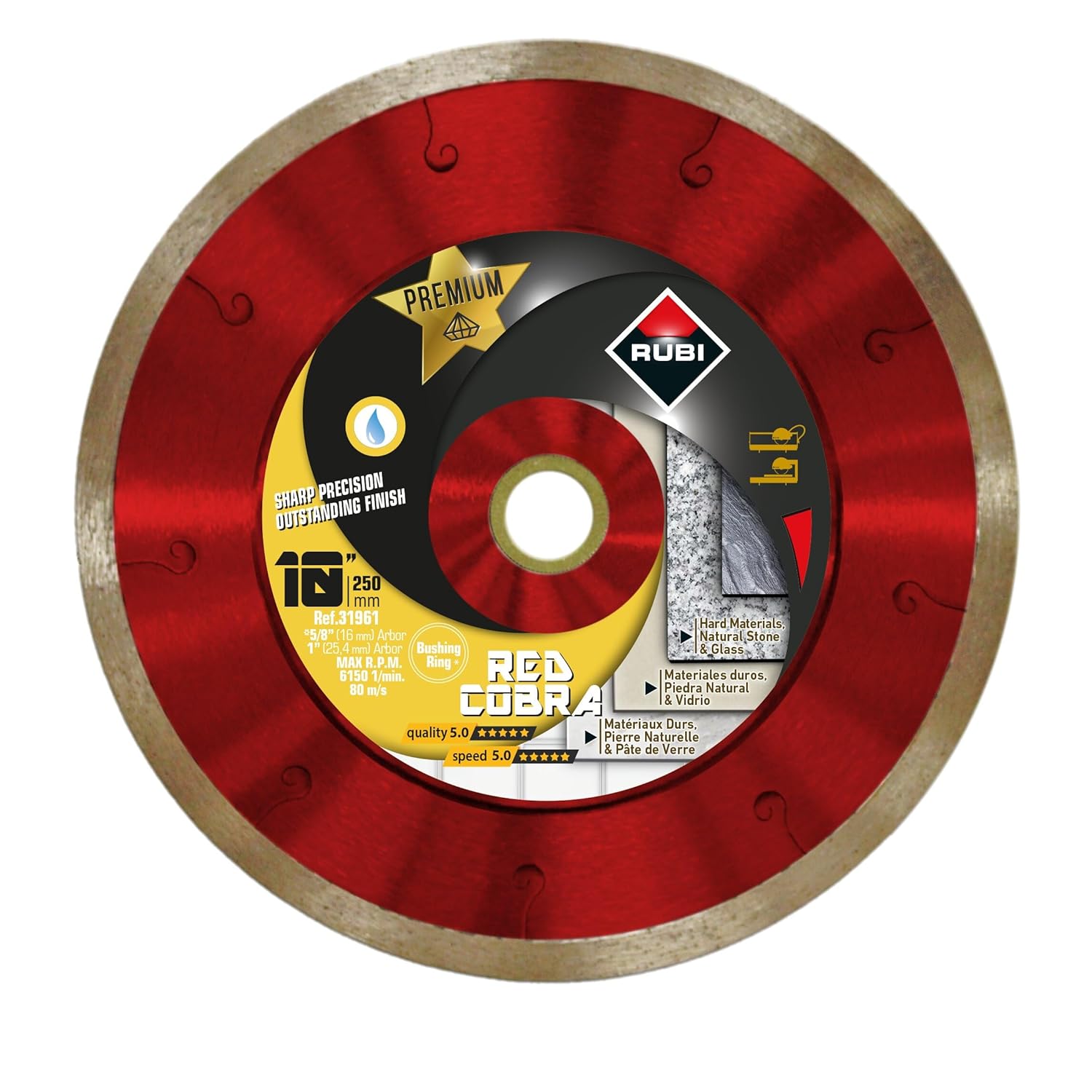 Premium Diamond Blade Red Cobra Wet 10" | Ideal for Cutting Porcelain, Ceramic, Glass, Marble, Granite, Natural Stone.