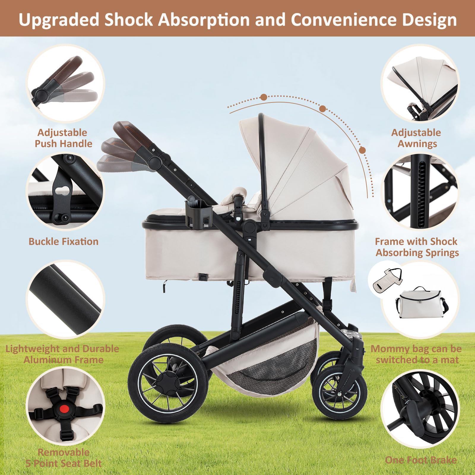 Zkiprm Cochecito 3 en 1, Sistema de viaje con asiento de coche, cochecito y capazo, reposabrazos ajustables, revestimiento de lluvia, mosquitera, guantes chasis de aluminio, Para niños de 0 a 4 años