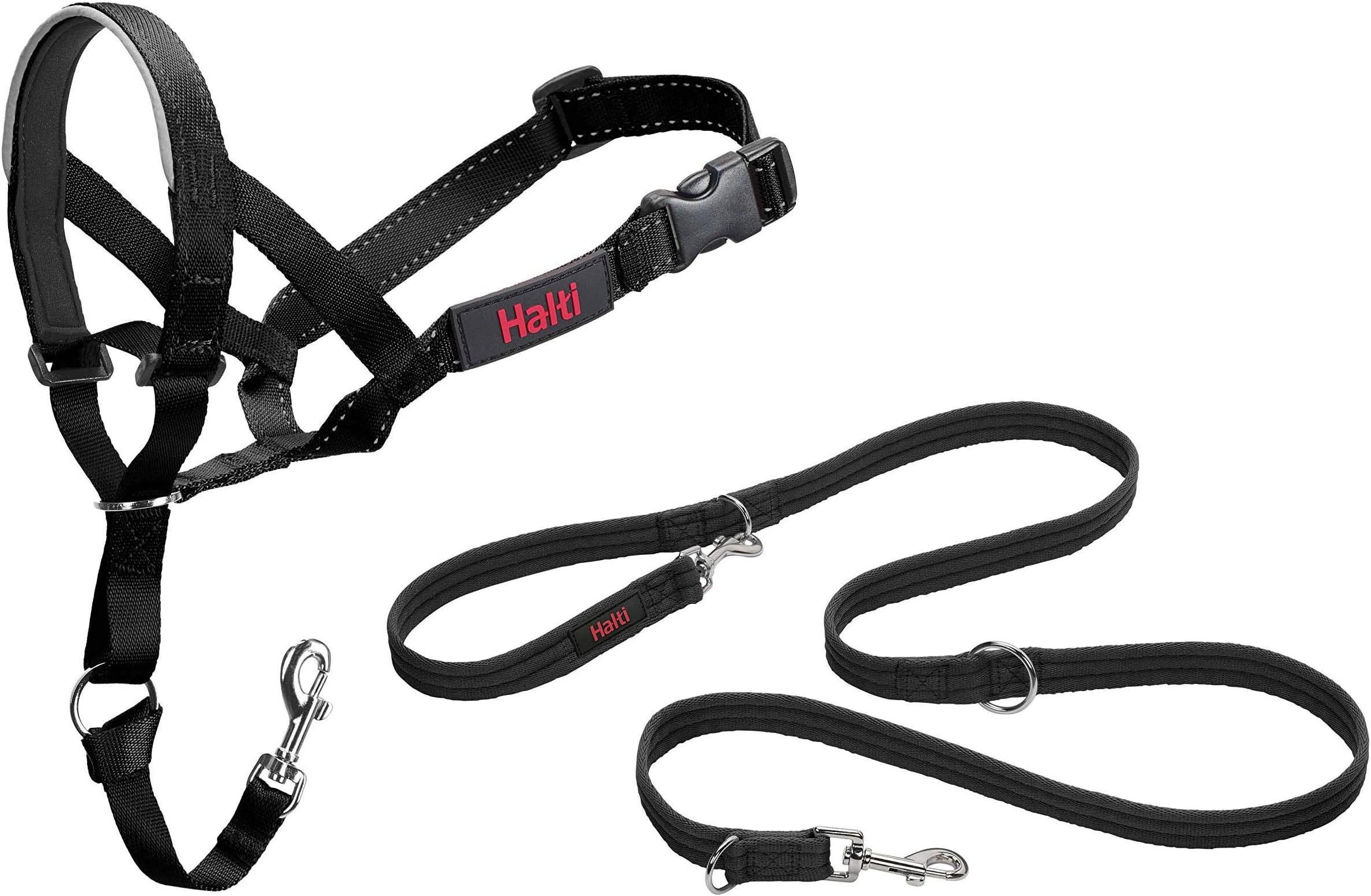 Headcollar Size 3, Black & Halti Training Leash Size Large, Black Combination Pack - Stop Your Dog Pulling on the Leash. Adjustable, Lightweight with Padded Nose Band. Suitable for Medium Dogs