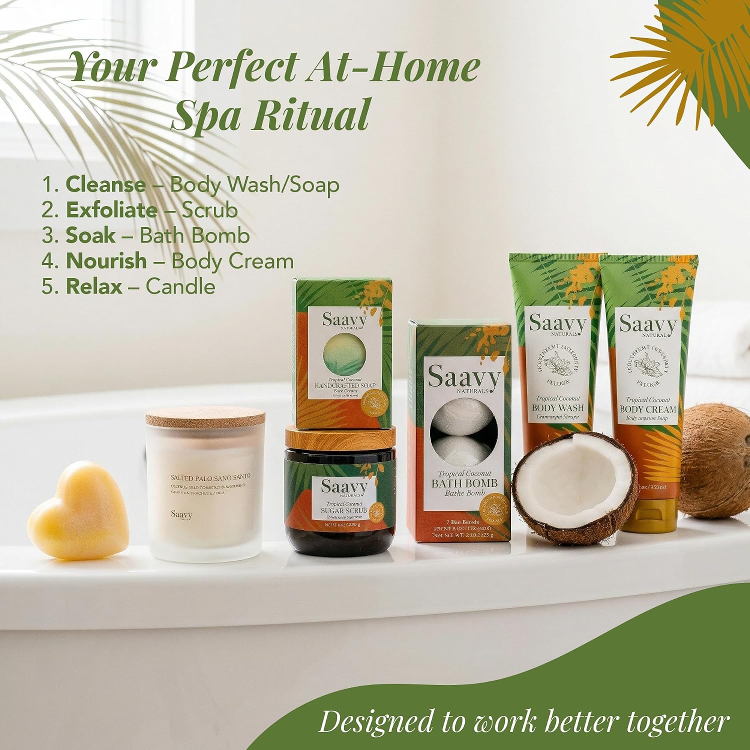 Saavy Naturals 9-Piece Spa Gift Set – Body Wash, Scrub & More – Plant-based Ingredients, Luxurious Spa Gift Basket for Women & Men –Mothers Day Gifts – Tropical Coconut