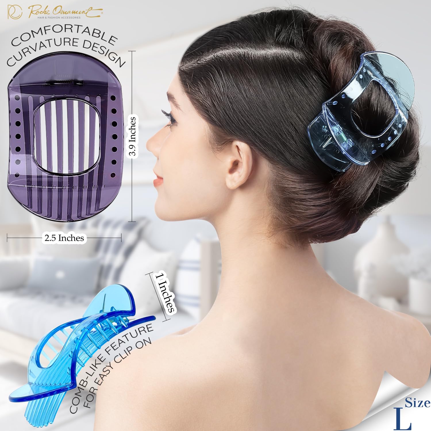 RC ROCHE 6 Pcs Flat Claw Hair Clips for Women Thick Hair French Round Duckbill Square Secure Strong Hold Grip Clamps Barrettes Curved No Slip No Crease Styling Cute Extra Jumbo XL - Image 3