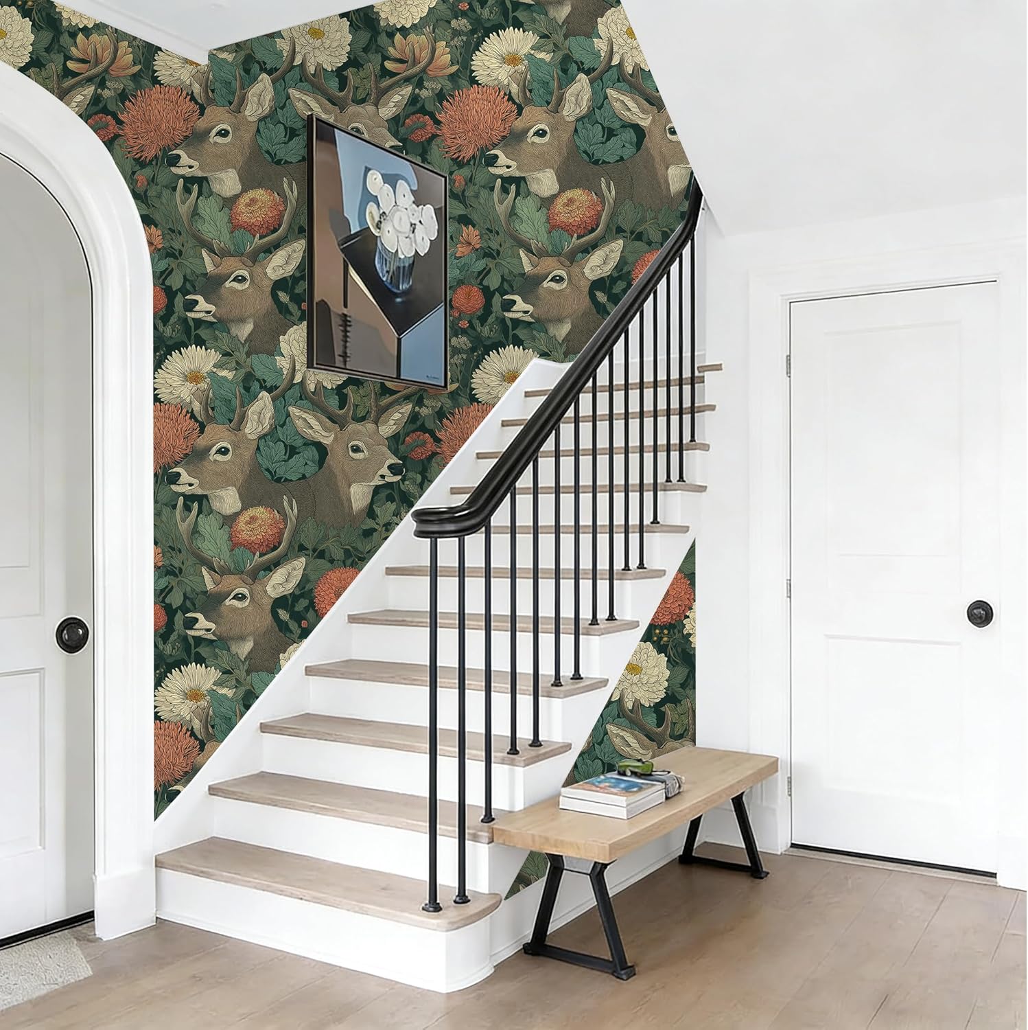 Vintage Folk Art Forest Peel and Stick Wallpaper – Bold Floral & Deer Removable Mural for Cozy Bedroom & Living Room, 17.7×118 Inch
