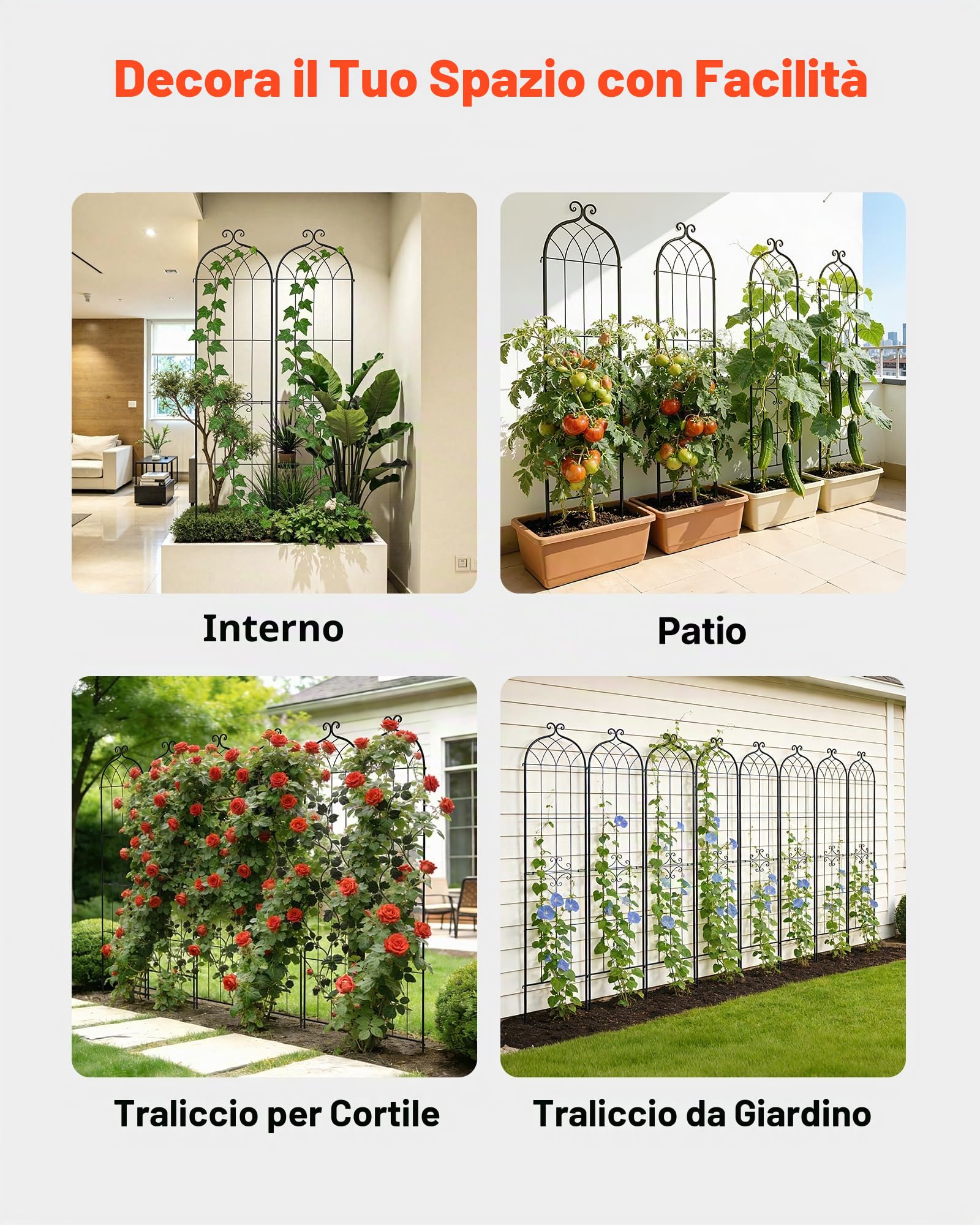 VEVOR Tralicci da Giardinaggio 220x52,5 cm, Set 2 pz Grigliati in Metallo da Giardino per Fiori e Rose con Rivestimento a Polvere e Design Collegabili, Sostegno Decorativo per Viti e Rose Rampicanti