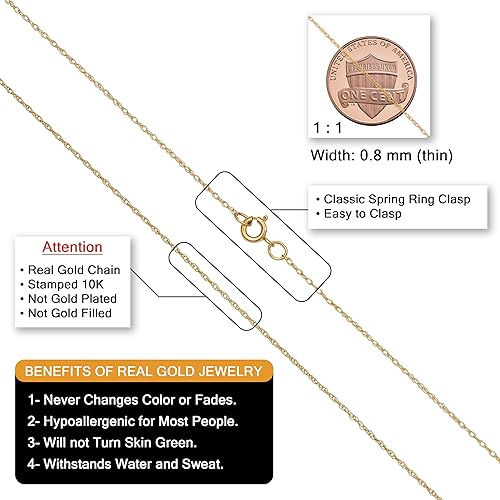 Miniatura 2 de Cadena de 0,8 mm estilo cuerda fina de oro amarillo, blanco o rosado, de 10 quilates (de 14, 16, 18, 20, 22 o 24 pulgadas)