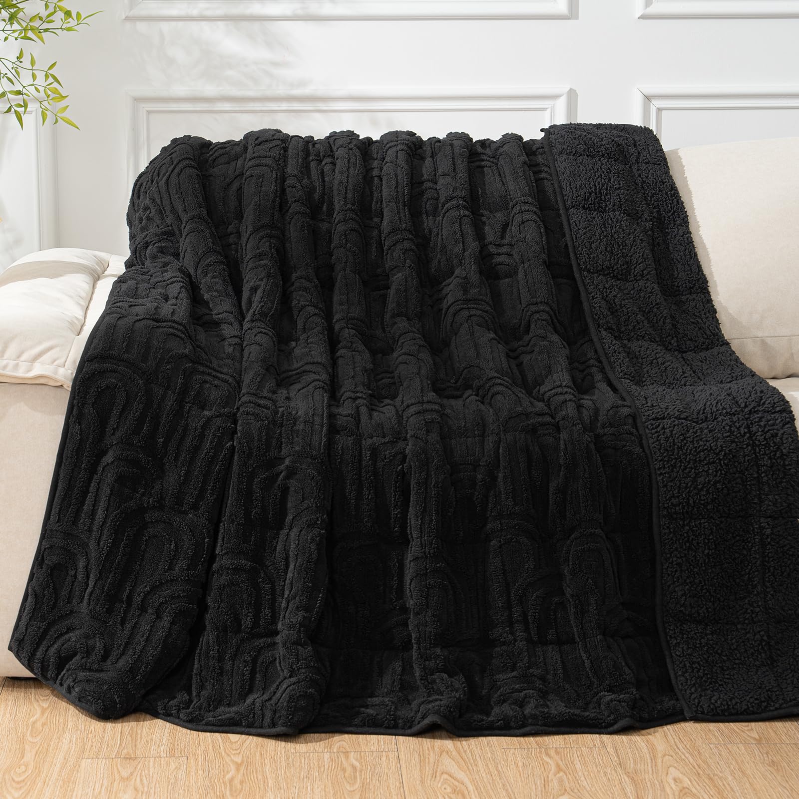 Cottonblue Weighted Blanket for Adults King Size 15lbs 80"x87" Soft Sherpa | Soft Fleece Jacquard Weighted Blankets Throw for Sleep Calm Relax, Fuzzy Warm Black Arch Sofa Couch Heavy Blanket, Washable